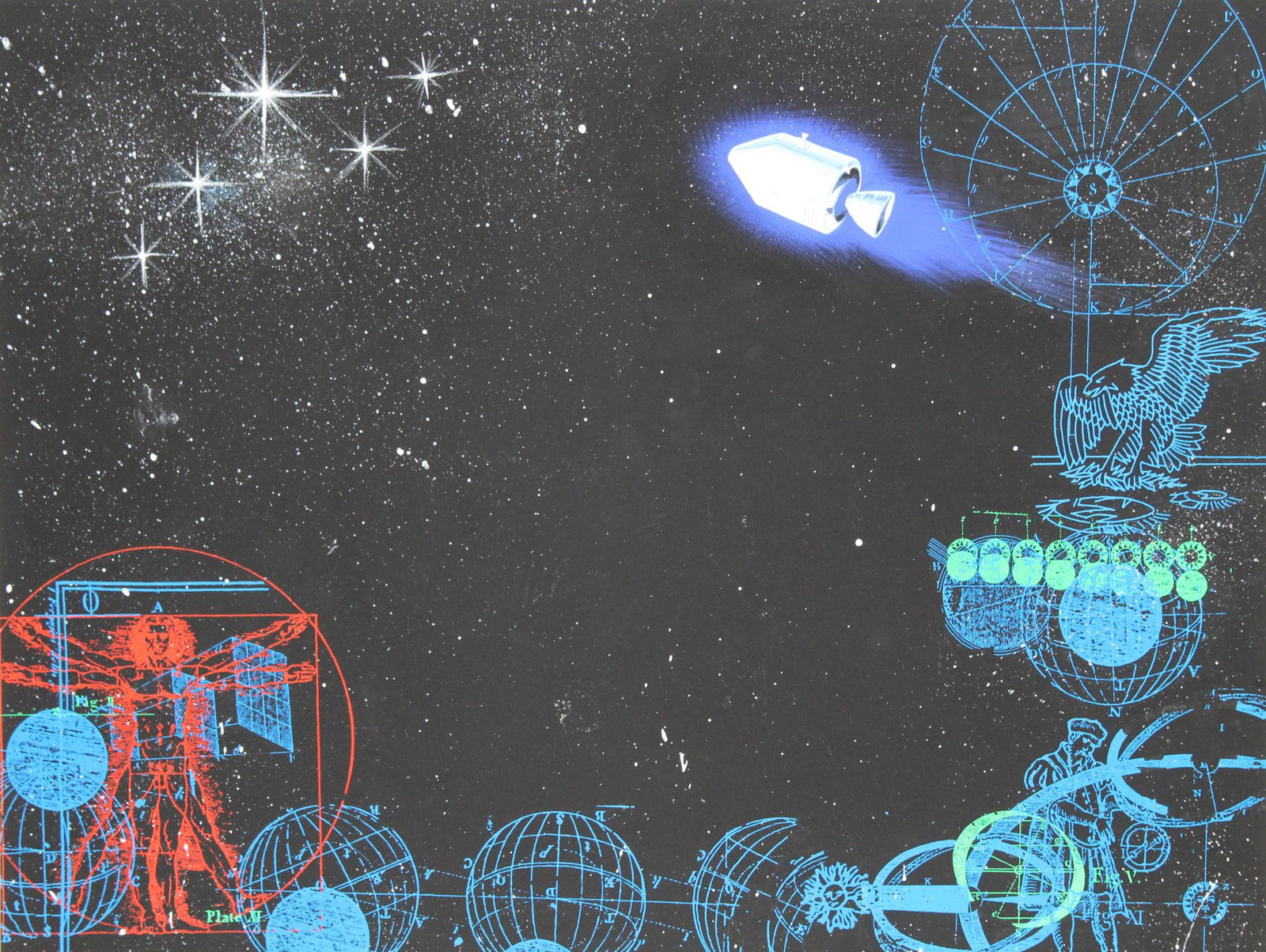 Paul & Chris Calle "Man on the Moon": Paul Calle (American, 1928 - 2010) and Chris Calle (American, B. 1961) "25th Anniversary of the First Man on the Moon" Signed lower right. Original Mixed Media Painting on Illustration Board. Provenan