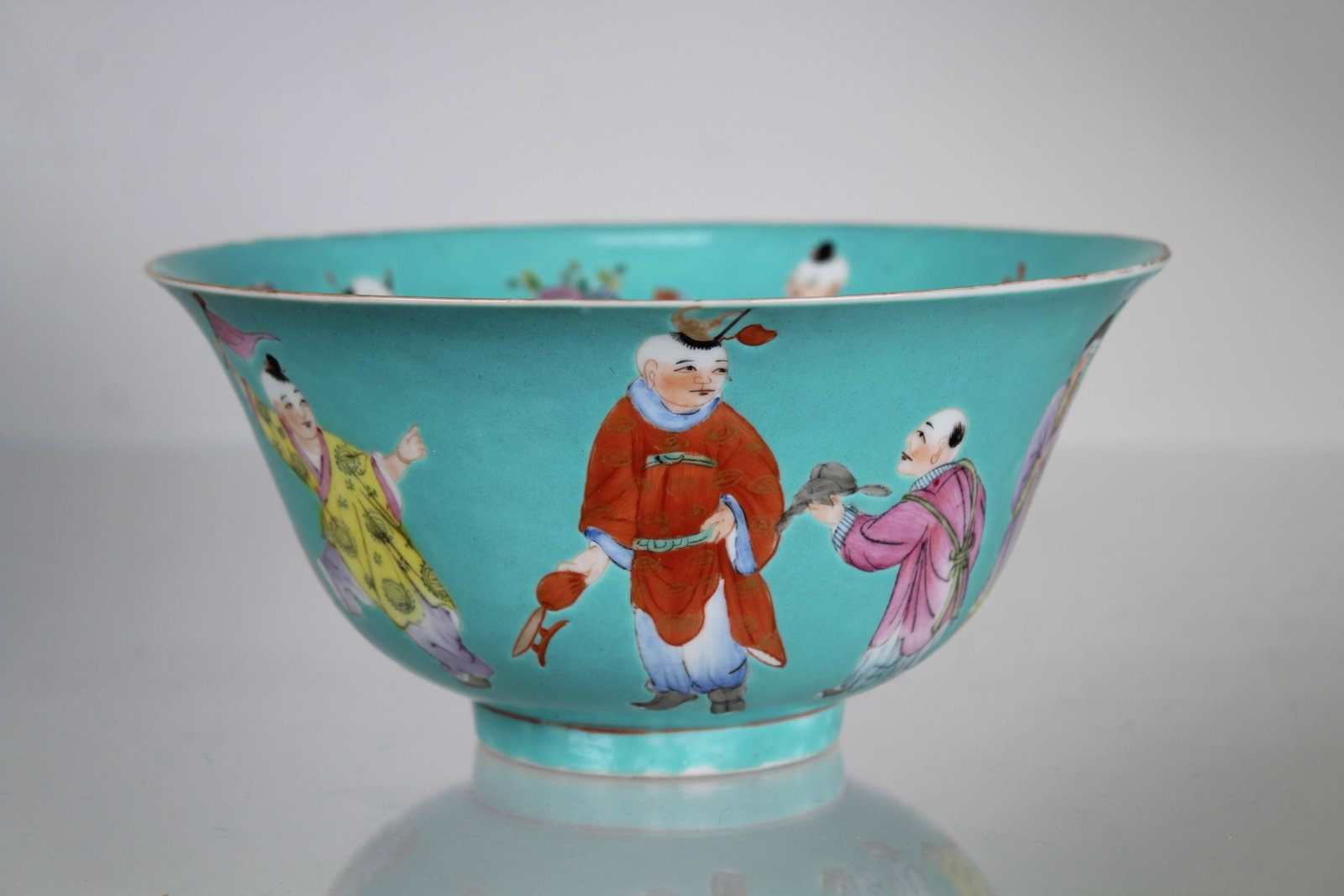 Chinese Enameled Porcelain Bowl, Marked: Chinese Enameled Porcelain Bowl, Marked on Bottom. Depicting children at play throughout exterior as well as inside of the bowl. Diameter: 7 in.