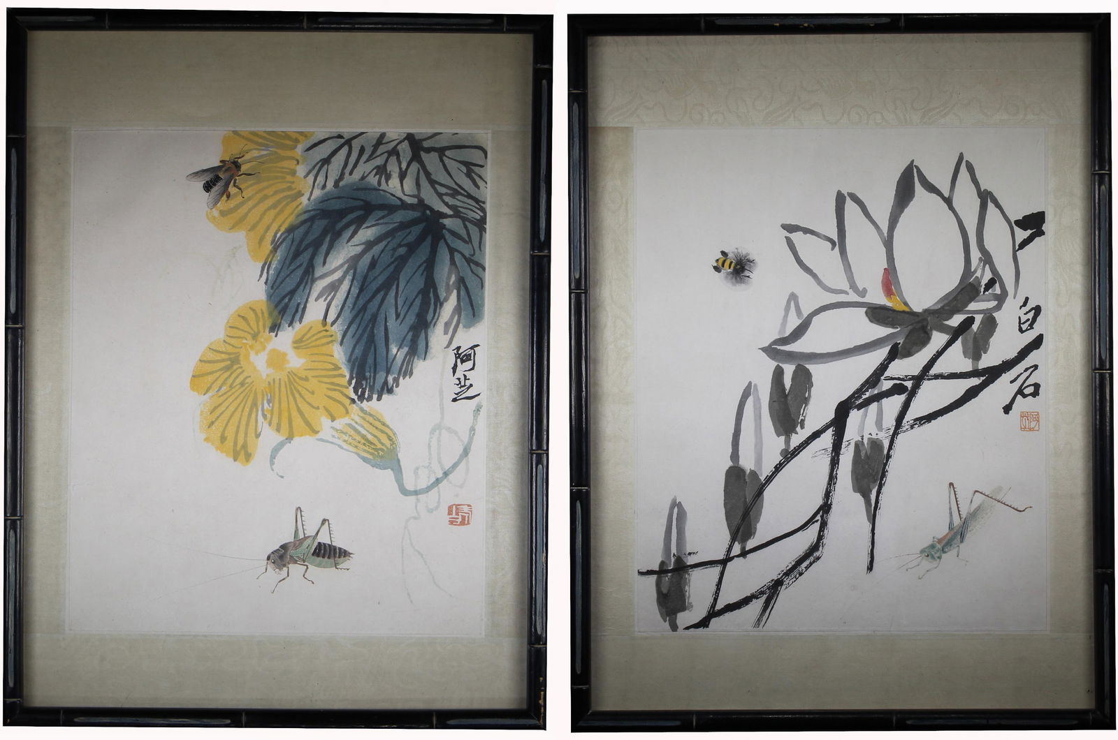 (2) Qi Baishi Woodblock Prints: (2) Qi Baishi Woodblock Prints. Image Size: 12 x 9.5 in. Overall Framed Size: 17 x 12.5 in. Framed behind glass.