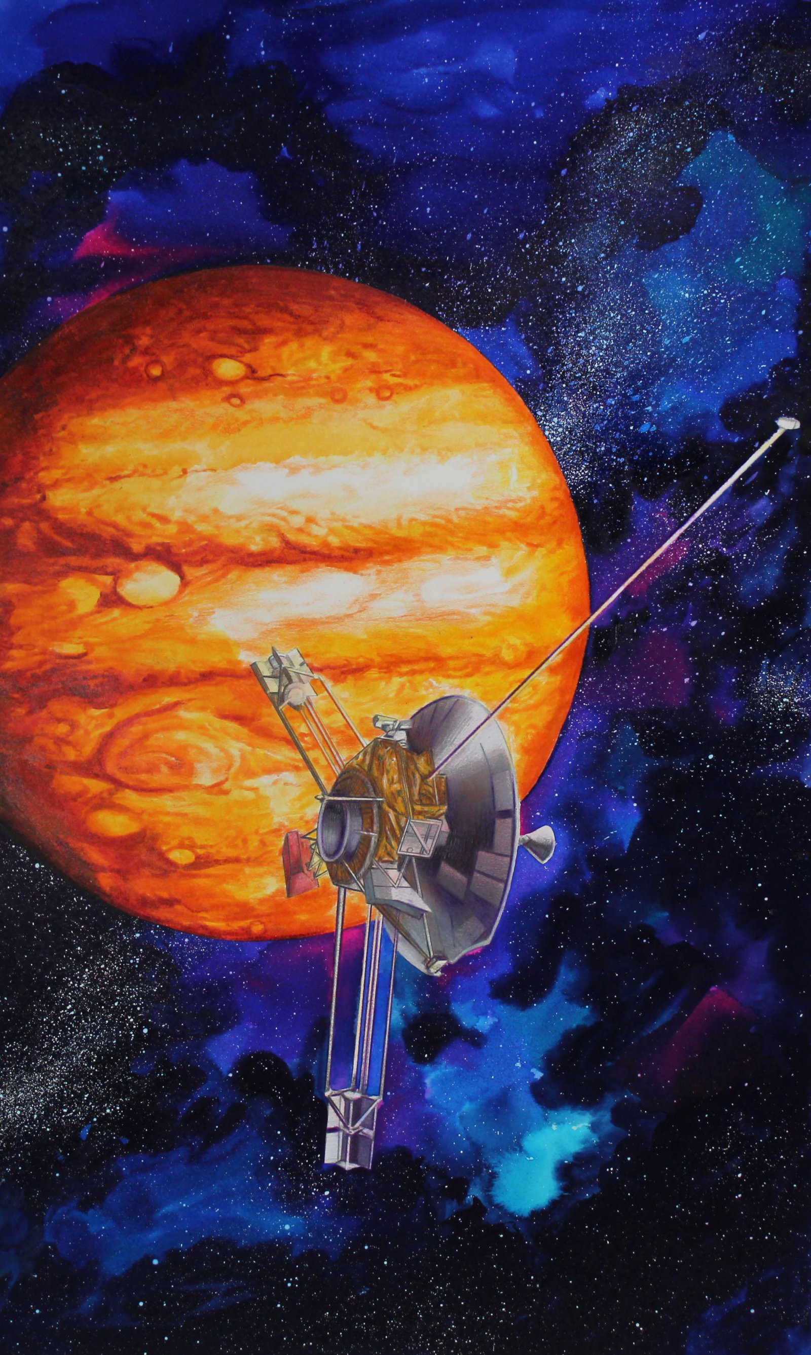 Paul & Chris Calle "1970s - Pioneer 10": Paul Calle (American, 1928 - 2010) and Chris Calle (American, B. 1961) "1970s - Pioneer 10" Signed lower right. Original Mixed Media painting on Illustration Board. Provenance: Collection of James A. 