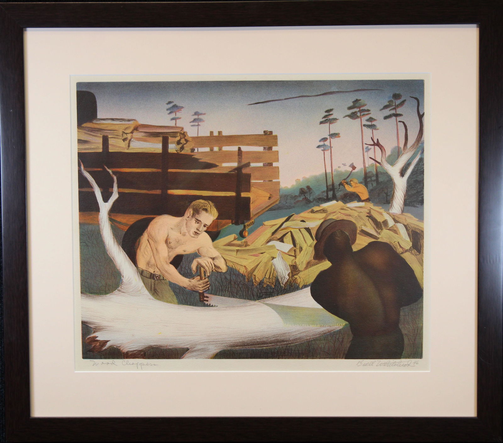 Buell Whitehead (FL. 1919 - 1993) "Wood Choppers": Buell Whitehead (FL. 1919 - 1993) Color Lithograph. Titled "Wood Choppers" in pencil lower left. Pencil signed and dated ('46) lower right. Sight Size: 14.5 x 17.5 in. Overall Size: 21.5 x 24.5 in. Fr