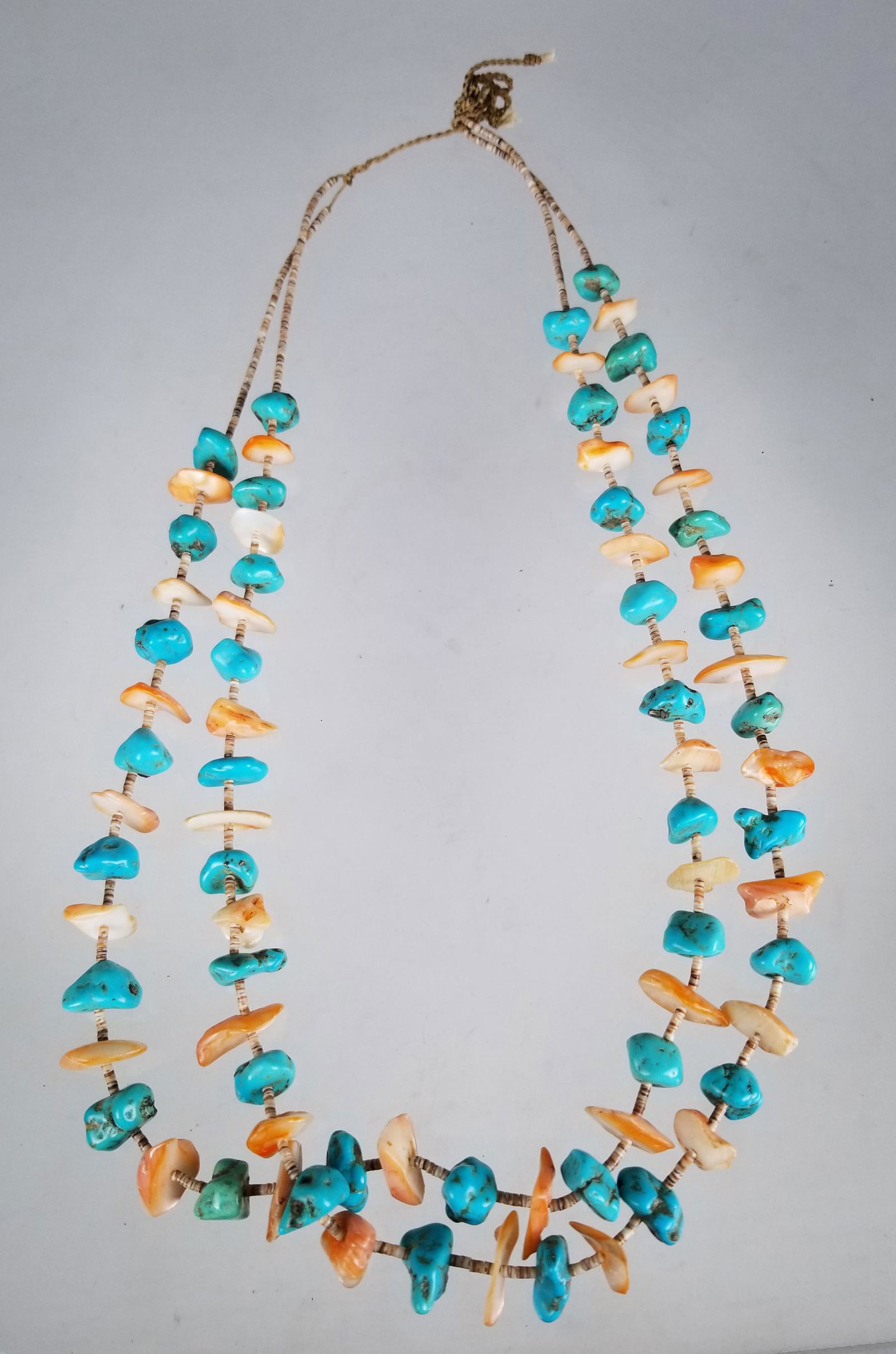 Turquoise & Mother of Pearl Necklace: Turquoise & Mother of Pearl Bead Necklace Length: 26 in. Weight: 126 g.