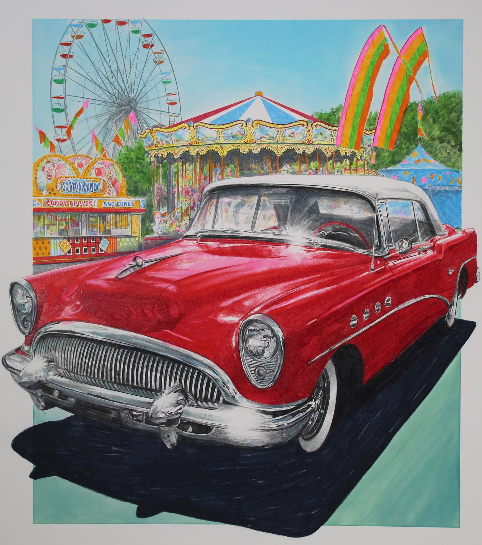 Paul Calle (1928 - 2010) "50s Sporty Cars Combo": Paul Calle (Connecticut, New York 1928 - 2010) "'50s Sporty Cars Combination". Signed lower right. Original Mixed Media painting on Illustration Board. Provenance: Collection of James A. Helzer (1946-