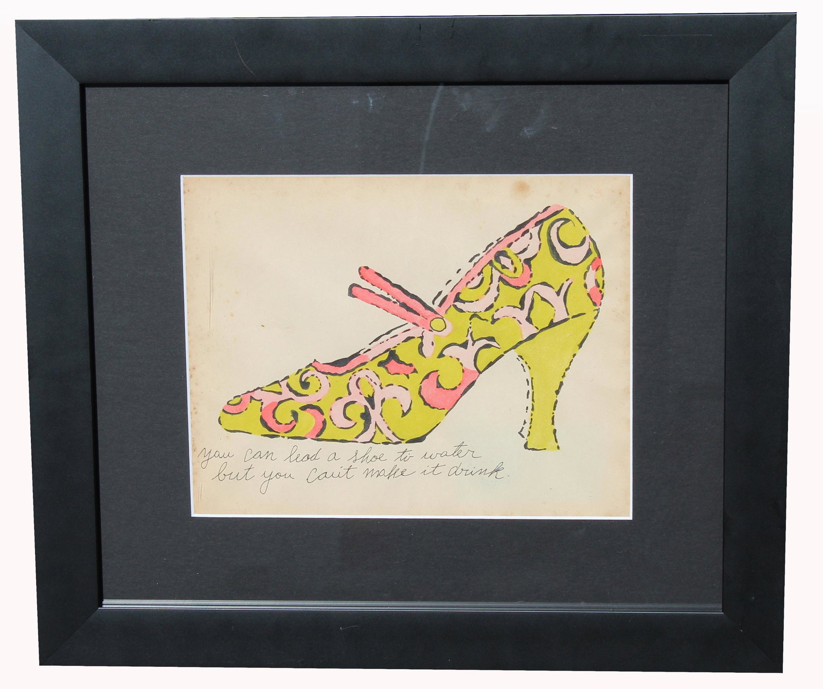 After Warhol, Marker/Ink Sketch of a Shoe: After Warhol, Marker/Ink Sketch of a Shoe with Inscription in lower portion. Bearing stamps verso. Sight Size: 8 x 10.5 in. Overall Framed Size: 16 x 18 in.