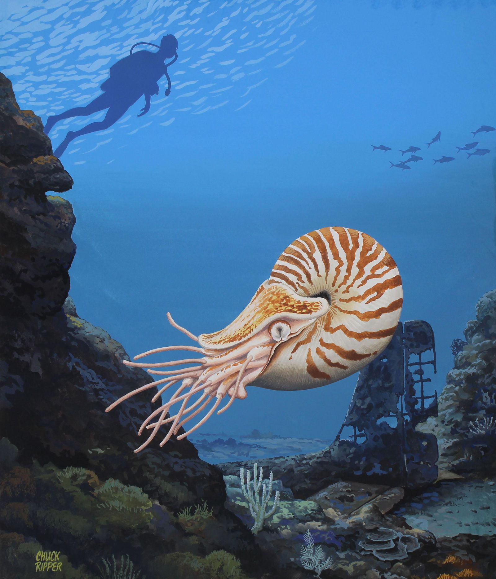 Chuck Ripper (B. 1929) "Scuba Diver and Shipwreck" (1 of 4)