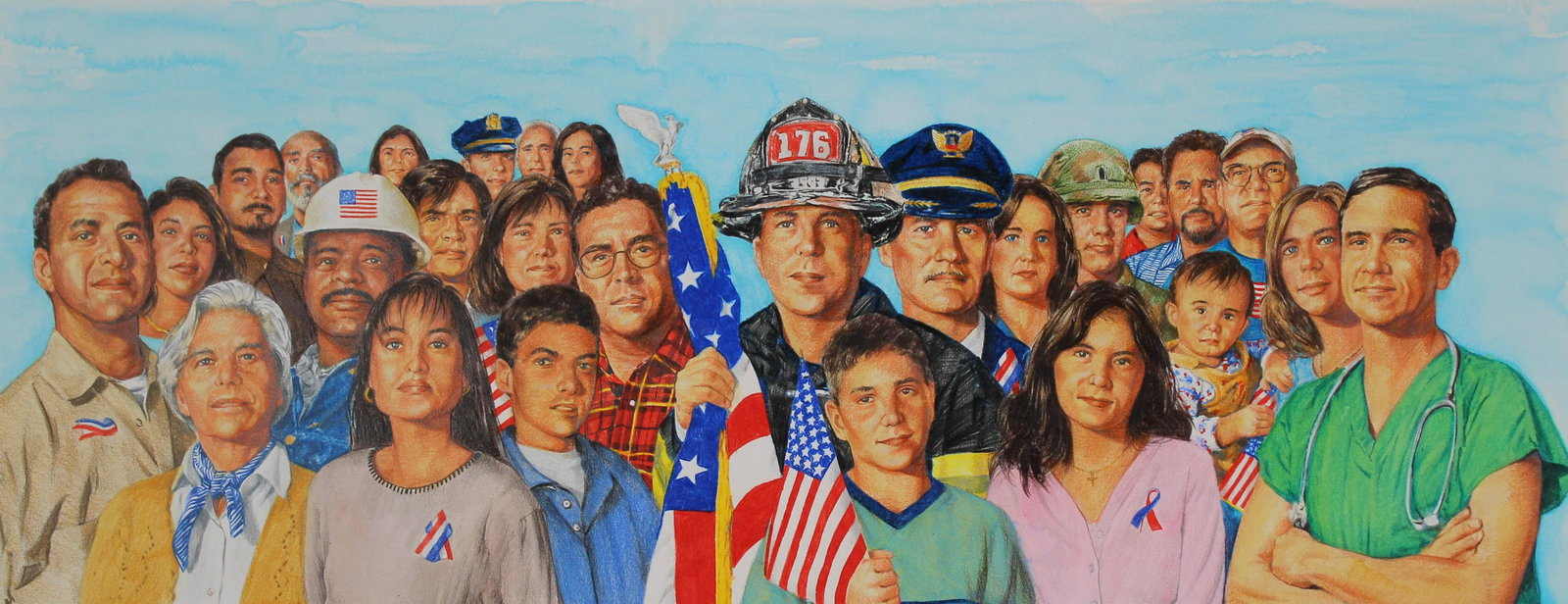 Paul & Chris Calle "Remembrance of 9/11": Paul Calle (American, 1928 - 2010) and Chris Calle (American, B. 1961) "In Remembrance of September 11, 2001" Signed lower right. Original Mixed Media painting on Illustration Board. Provenance: Colle
