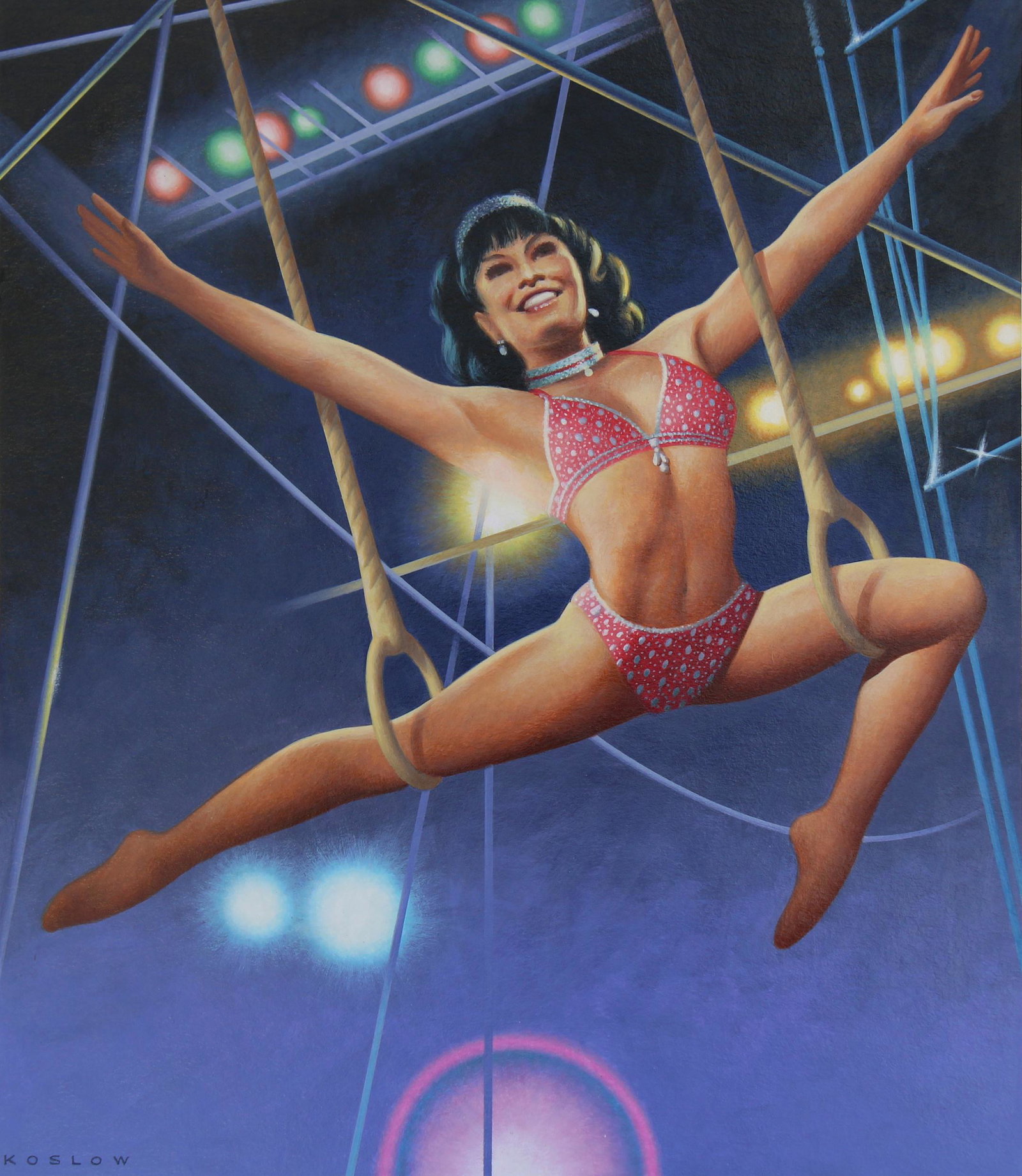 Howard Koslow (1924 - 2016) "Aerialist": Howard Koslow (1924 - 2016) "Aerialist" Signed lower left. Original Acrylic Painting on Illustration Board. Provenance: Collection of James A. Helzer (1946-2008), Founder of Unicover Corporation. This