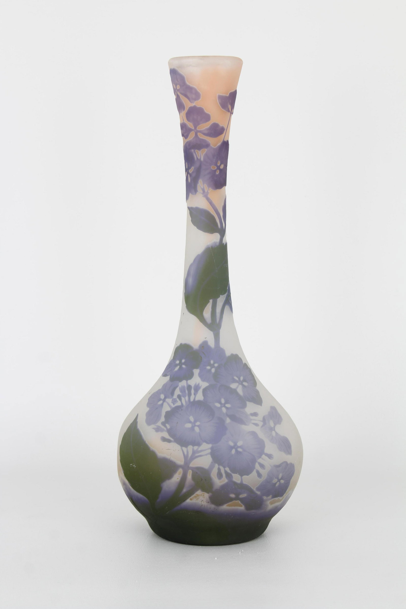 Galle, Signed Cameo Glass Vase: Galle, Signed Cameo Glass Vase. With floral motif throughout exterior, signed on backside. Height: 14.75 in.