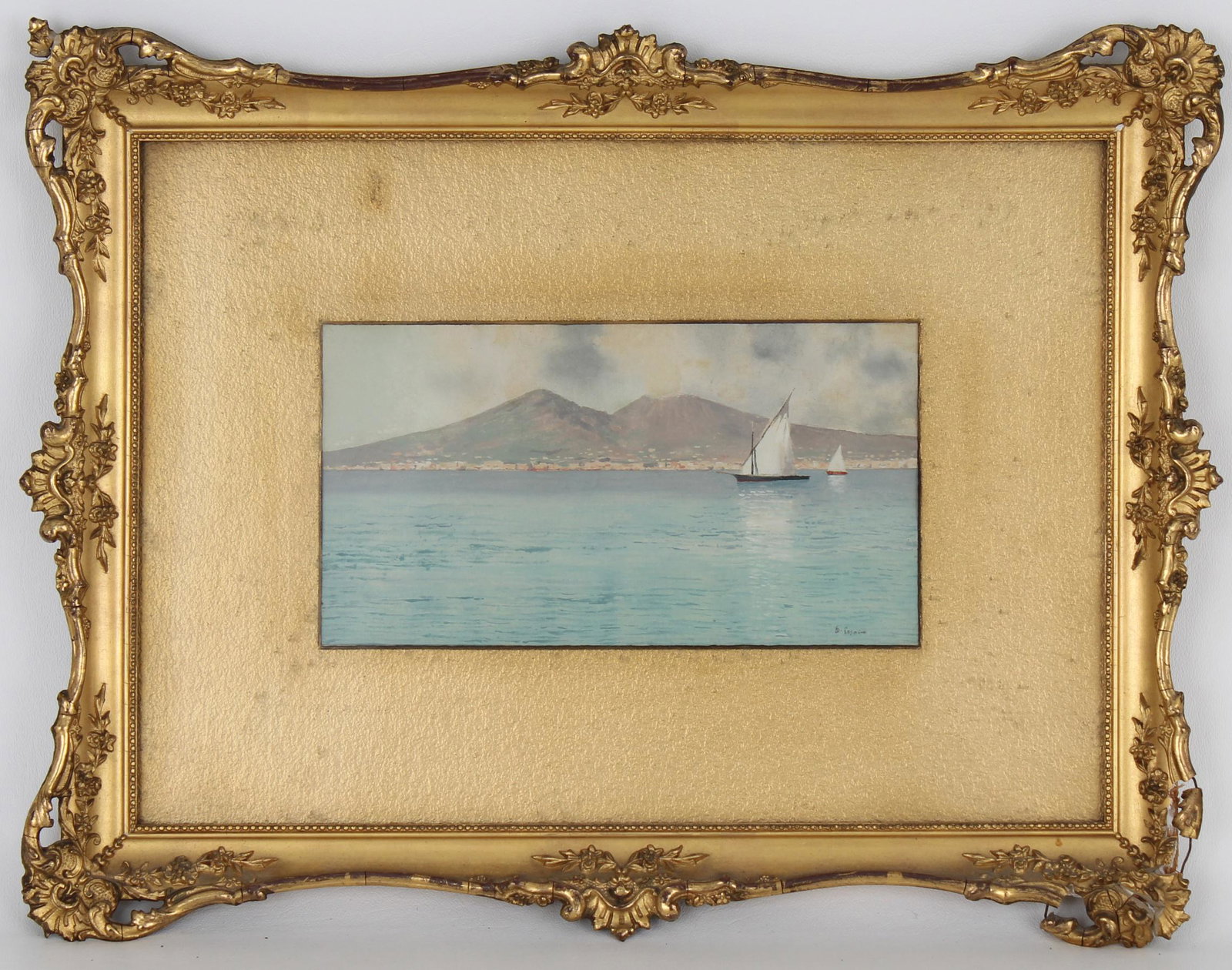Signed, 19th C. Neapolitan Coastal Watercolor: Signed, 19th C. Neapolitan Coastal Watercolor. Depicting sailboats in the water with Mt. Vesuvius in the distance. Housed in a gilt frame. Signed indistinctly lower right. Watercolor/gouache. Sight Si