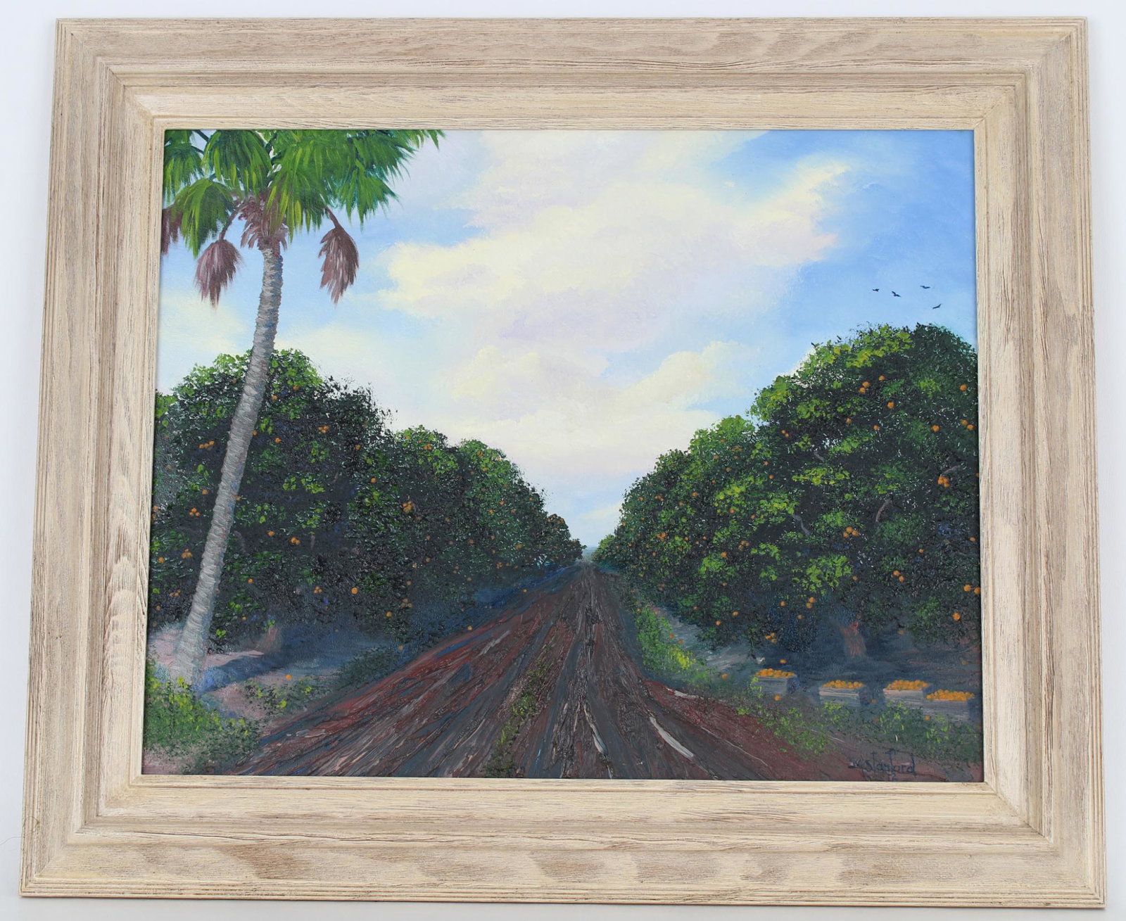 Mark Stanford (Florida, NY Born 1959) Orange Grove: Mark Stanford (Florida, NY Born 1959) Painting of a Florida orange grove. Signed lower right. Oil on board. Housed in a wooden frame. Sight Size: 16 x 20 in. Overall Framed Size: 21 x 25 in.