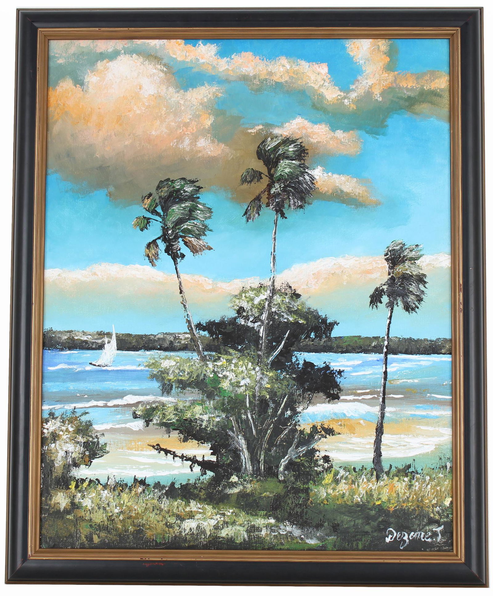 Dezene, Signed Coastal Florida Painting: Dezene, Signed Coastal Florida Painting depicting pal trees being tossed byu the wind, sailboat in the distance. Oil on board. Signed lower right, inscribed verso. Sight Size: 20 x 16 in. Overall Fram