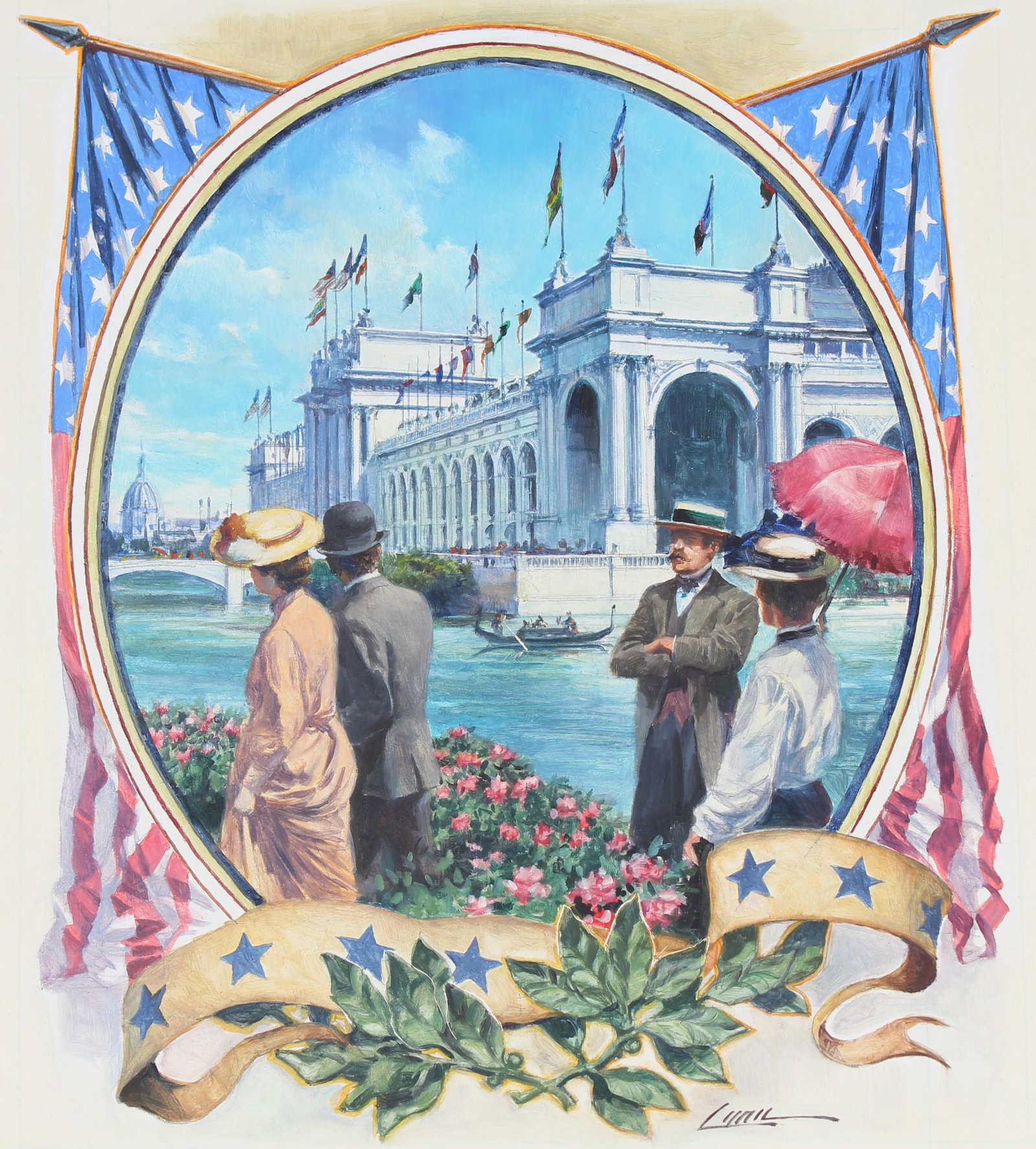 Dennis Lyall (B. 1946) "1893 Needlepoint Bookmark": Dennis Lyall (American, B. 1946) "1893 Needlepoint Bookmark" Signed lower right. Original Oil painting on Canvas. Provenance: Collection of James A. Helzer (1946-2008), Founder of Unicover Corporation