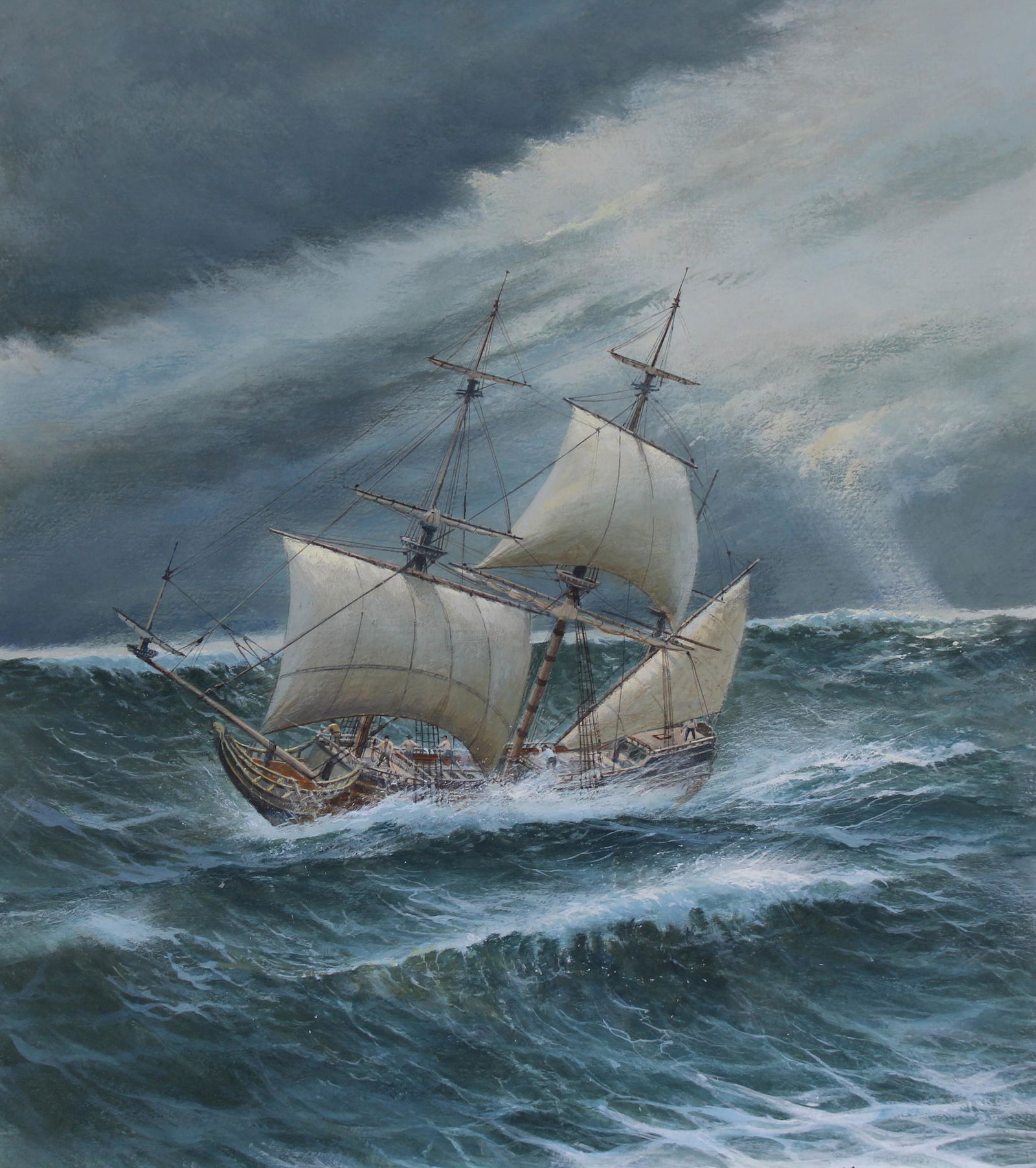Charles Lundgren (1911-1988) Sailing Ship Crossing: Charles J Lundgren (New York, Connecticut, 1911 - 1988) "Sailing Ship Crossing the Ocean" Signed lower right. Original Oil painting on Masonite. Provenance: Collection of James A. Helzer (1946-2008),