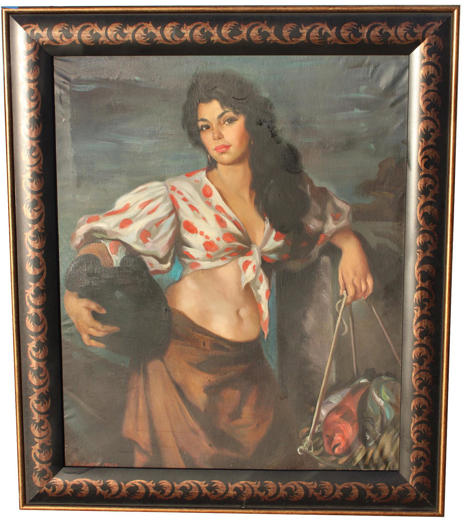 Guillermo Mesa "Hispanic Woman": Guillermo Mesa "Hispanic Woman". Signed lower right. Oil on Canvas. Sight Size: 34 x 28 in. Overall Framed Size: 41 x 35 in.