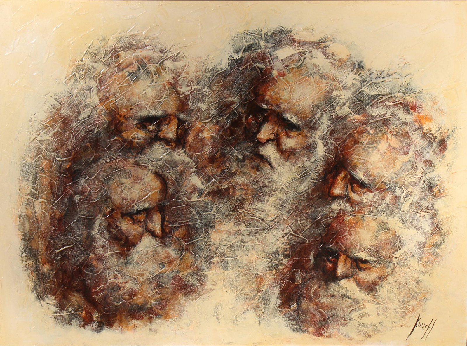 Frederick Kirsch "Montage-Old Men": Dwight (Frederick Dwight, Jr.) Kirsch (1899 - 1981) "Montage-Old Men". Oil on Canvas. Signed lower right. Gallery label verso. Sight Size: 30 x 40 in. Overall Framed Size: 35 x 45 in.
