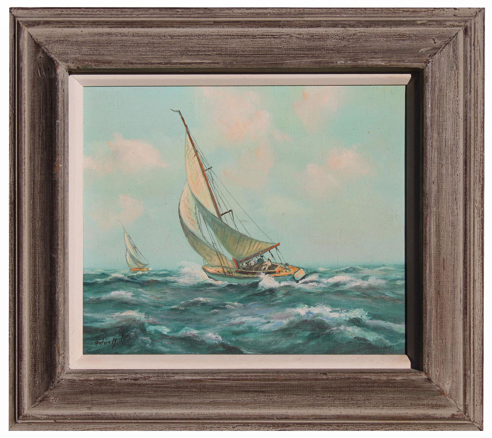 Signed, 20th C. Yachting Painting: Signed, 20th C. Yachting Painting. Signed indistinctly lower left. Oil on canvas. Gallery label verso. Sight Size: 10 x 12 in. Overall Framed Size: 16 x 17.5 in.