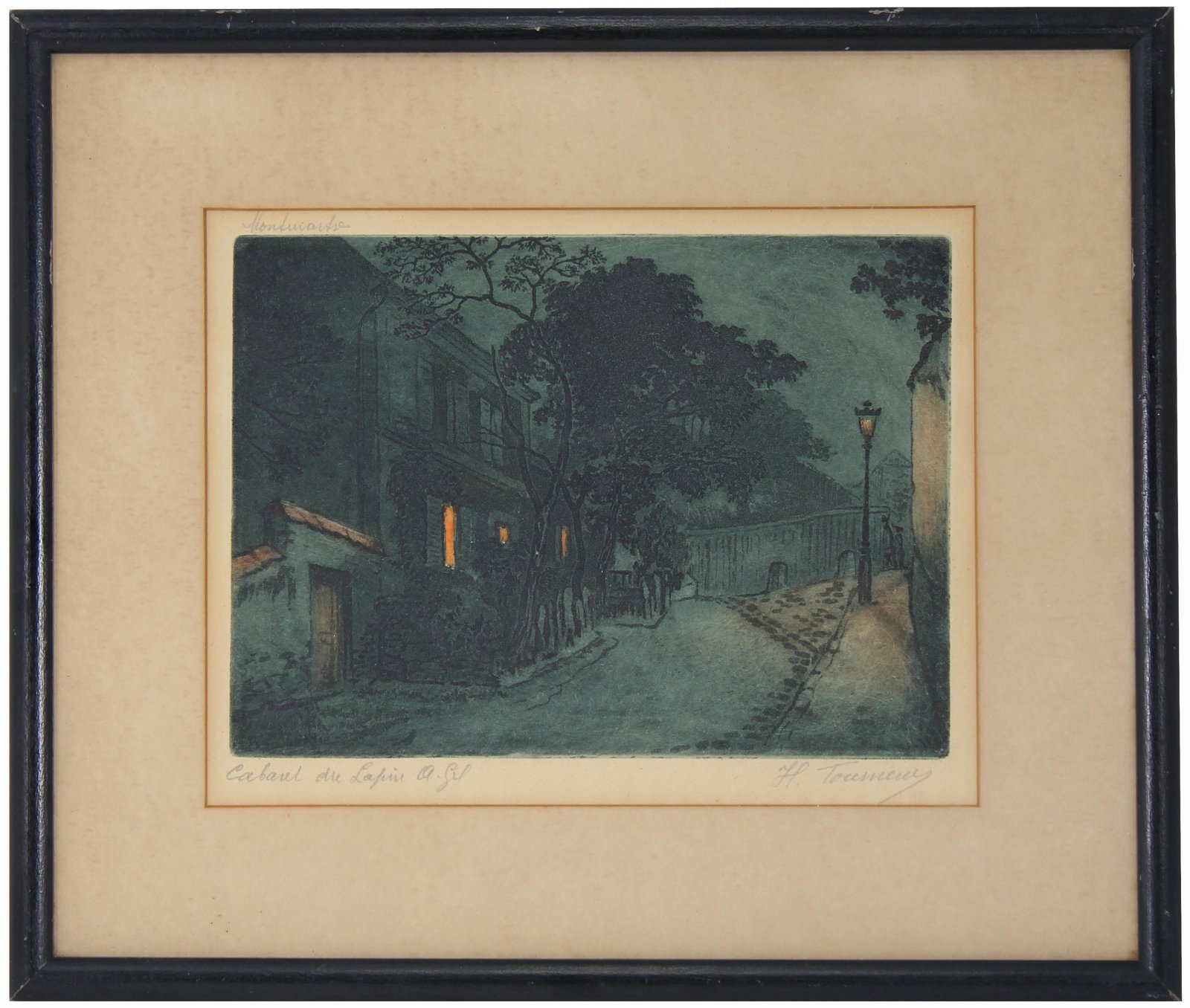 "Cabaret Du Lapin Agile" Montmartre France, Signed: "Cabaret Du Lapin Agile" Montmartre France, Signed Colored Etching. Indistinctly pencil signed in lower margin. Titled lower left and upper left. Image Size: 6 x 8 in. Overall Framed Size: 11.5 x 13.5