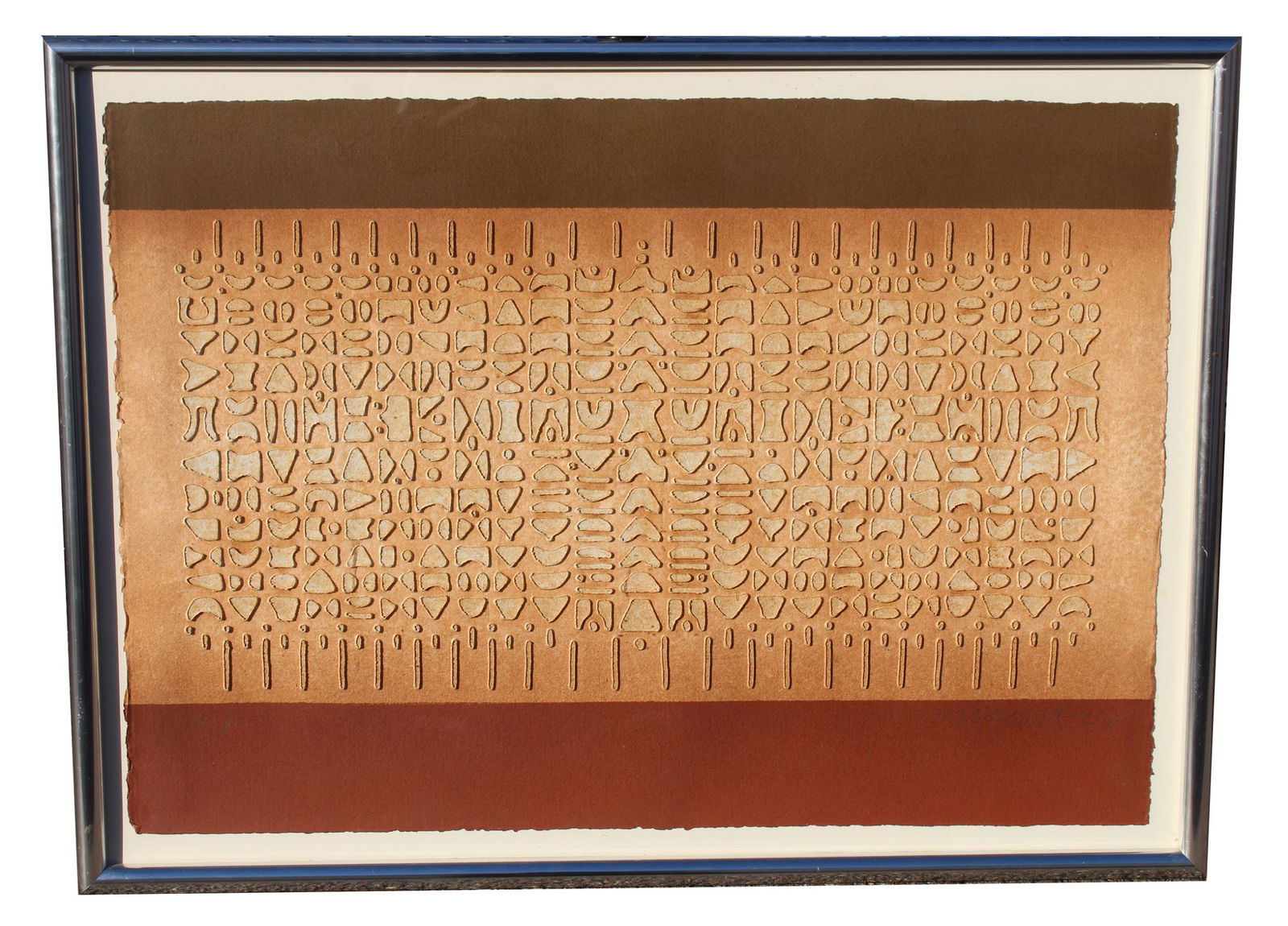 Paul E. Maxwell (1925 - 2015) Composition: Paul E. Maxwell (TX, CA, 1925 - 2015) Large framed abstract mixed media. Pencil signed lower right. Paul Maxwell is known for Mixed-media abstraction, conceptual, sculpture, prints. Image Size: 29 x 4