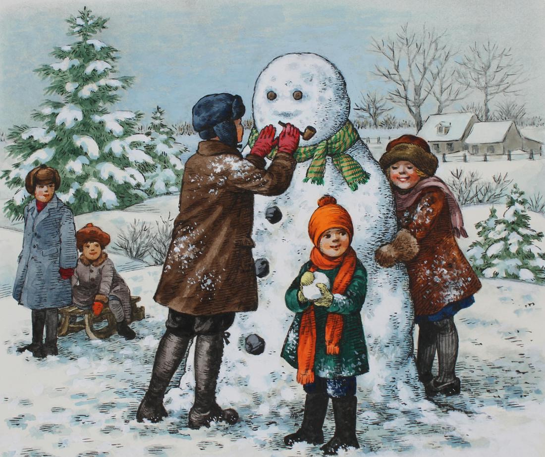 Faith Jaques (B. 1923) Children Building a Snowman (1 of 3)