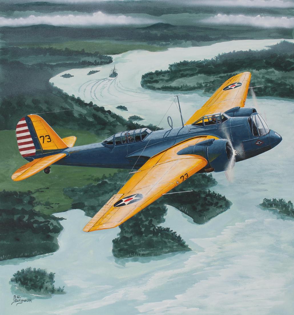 Steve Ferguson (B. 1946) "Martin B-10B": Steve Ferguson (American, B. 1946) "Martin B-10B" Signed lower left. Original Acrylic painting on Cold Press Illustration Board. Provenance: Collection of James A. Helzer (1946-2008), Founder of Unico