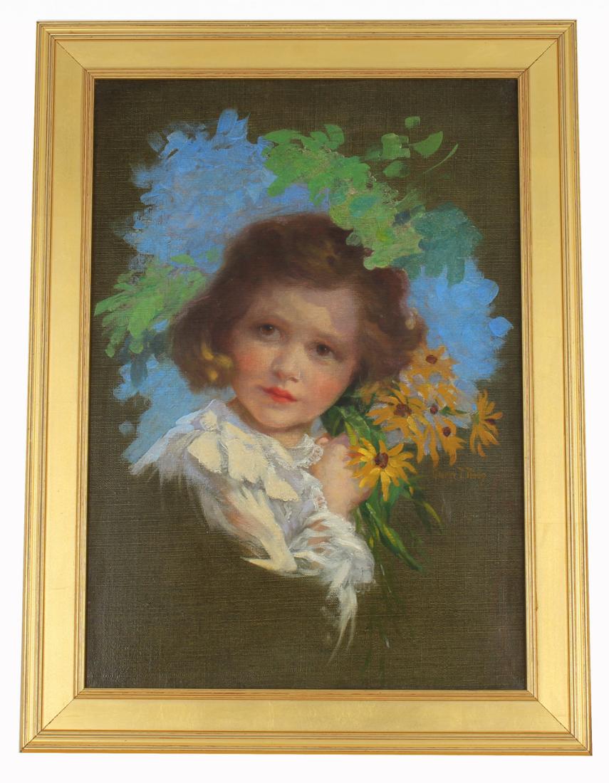 George Timothy Tobin (VT, NY, 1864 - 1956): George Timothy Tobin (Vermont, New York, 1864 - 1956) Oil on canvas painting of a young brown-eyed girl holding sunflowers. Signed center right. Tobin exhibited his work for many years at the Grand Ce
