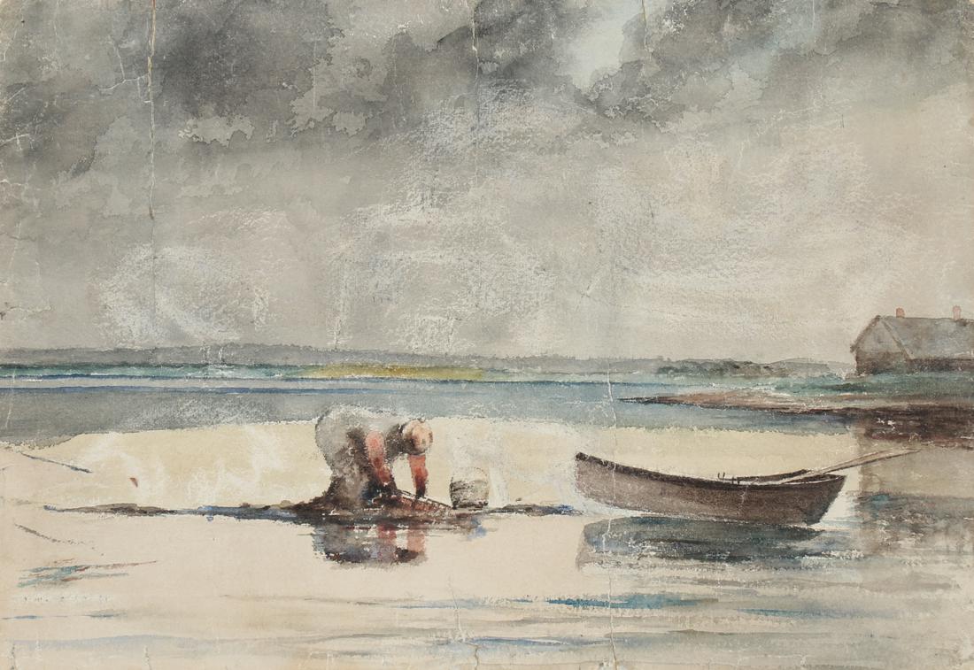 Manner of Winslow Homer (1836-1910): Manner of Winslow Homer (Massachusetts, Maine / England, 1836-1910) Watercolor painting "Clamming". Possible remnants of a signature lower left. A nearly identical watercolor by Winslow Homer is curre