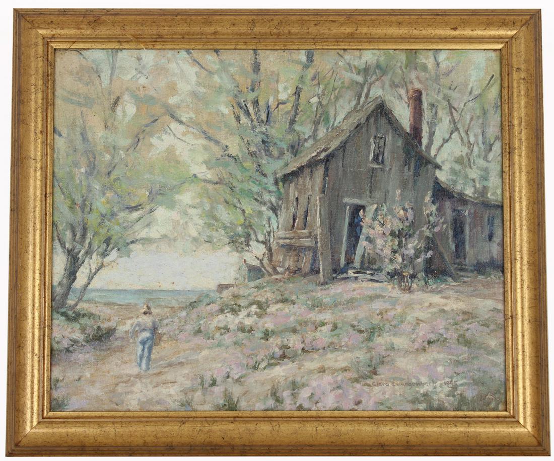 Clara Emma Langenbach (NY/Canada, 1871 - 1964): Clara Emma Langenbach (New York, Ontario / Canada, 1871 - 1964) Oil on canvas painting of a figure near the coast. Old labels verso. Signed and dated 1945 lower right. Sight Size: 16 x 20 in. Overall 