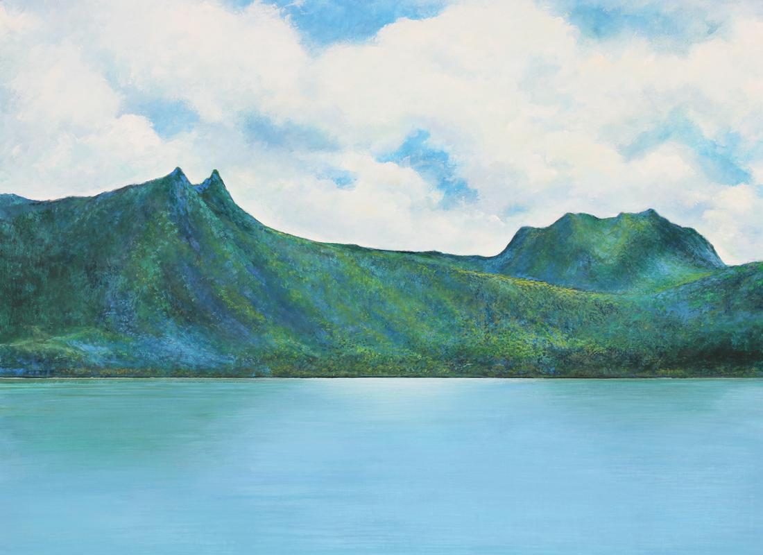 George Sottung (1927 - 1999) "Sleeping Lady Mounta: George Sottung (American, 1927 - 1999) "Tourism Sites of Kosrae - Sleeping Lady Mountain" Artist stamp lower right. Original Oil painting on Illustration Board. Provenance: Collection of James A. Helz