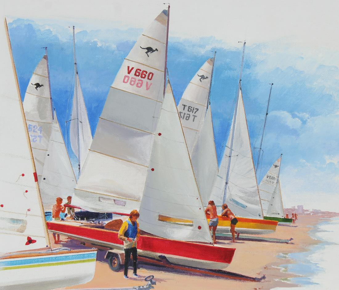 Ron Fletcher (B. 1925) "Yachting in Australia": Ron Fletcher (Australian, B. 1925) "Lightweight Sharpie/Yachting in Australia" Signed lower right. Original Oil painting on Canvas Board. Provenance: Collection of James A. Helzer (1946-2008), Founder