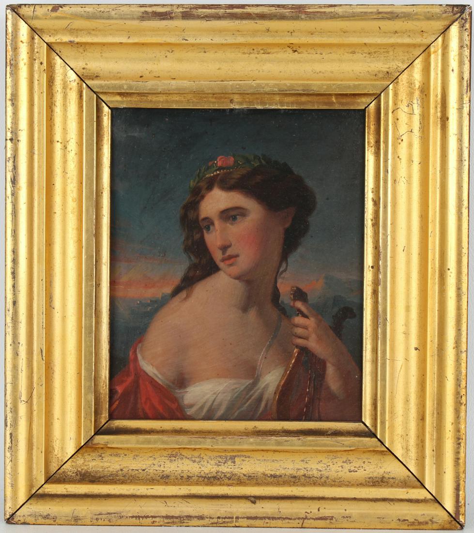 19th C. Painting of woman with Mandolin: 19th C. Painting of woman with Mandolin. Oil on board. Appears to be unsigned, has not been examined out of the frame. Sight Size: 6.75 x 5.5 in. Overall Framed Size: 10 x 9 in.