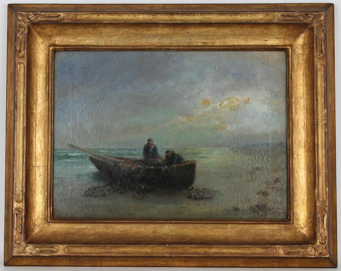 Signed, 19th C. Painting of Fishermen Near Shore: Signed, 19th C. Painting of Fishermen Near the Shore Bringing in the days' catch. Oil on canvas. Signed lower left. Housed in a gilt/carved frame. Sight Size: 16 x 22 in. Overall Framed Size: 24 x 30 