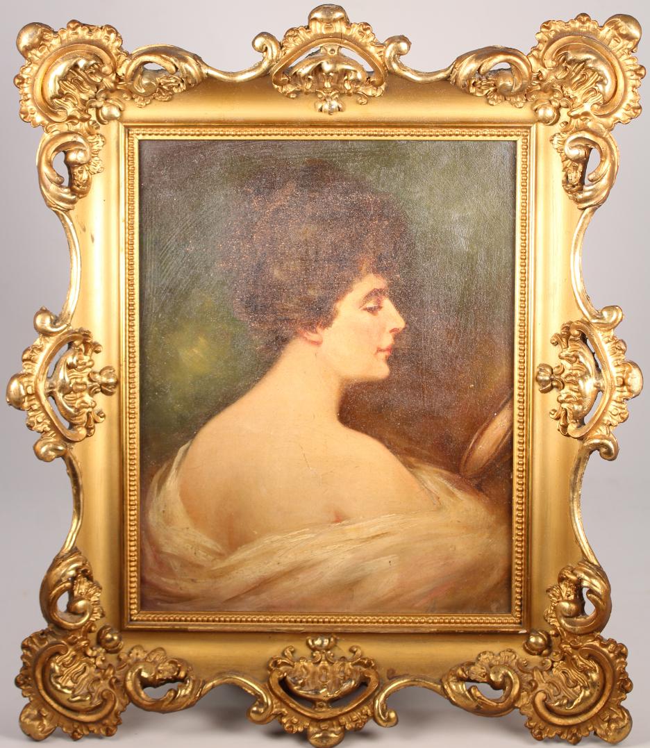 Antique Portrait Painting of a Young Woman: Antique Portrait Painting of a Young Woman. Housed in a gilt frame. Appears to be unsigned, has not been examined out of frame. Sight Size: 10 x 8 in. Overall Framed Size: 14.2 x 12.2 in.