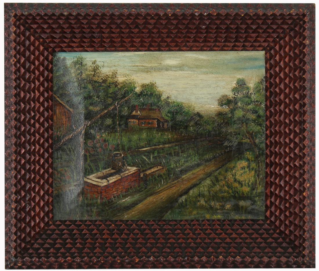 19th C. American School Painting, Tramp Art Frame (1 of 2)