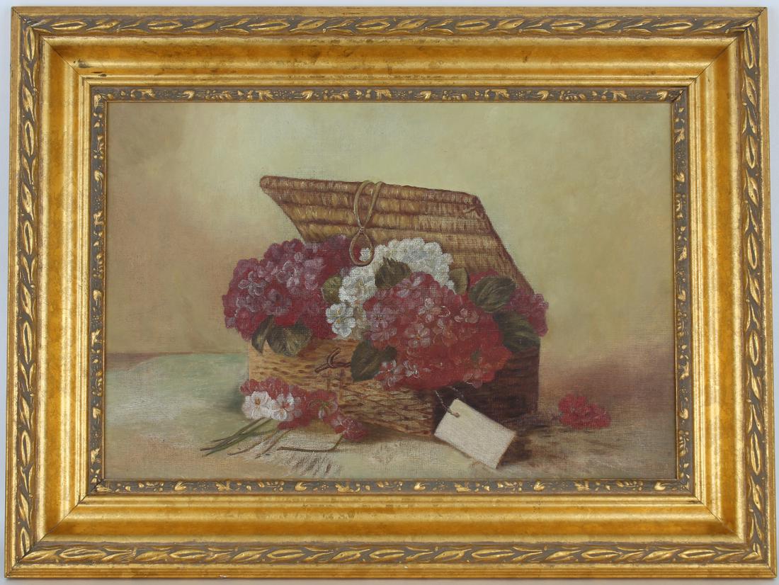 American School Painting of Flowers in a Basket: American School Antique Painting of Flowers in a Basket. Housed in a later added frame. Oil on canvas. Appears to be unsigned, has not been examined out of frame. Sight Size: 14 x 21 in. Overall Frame