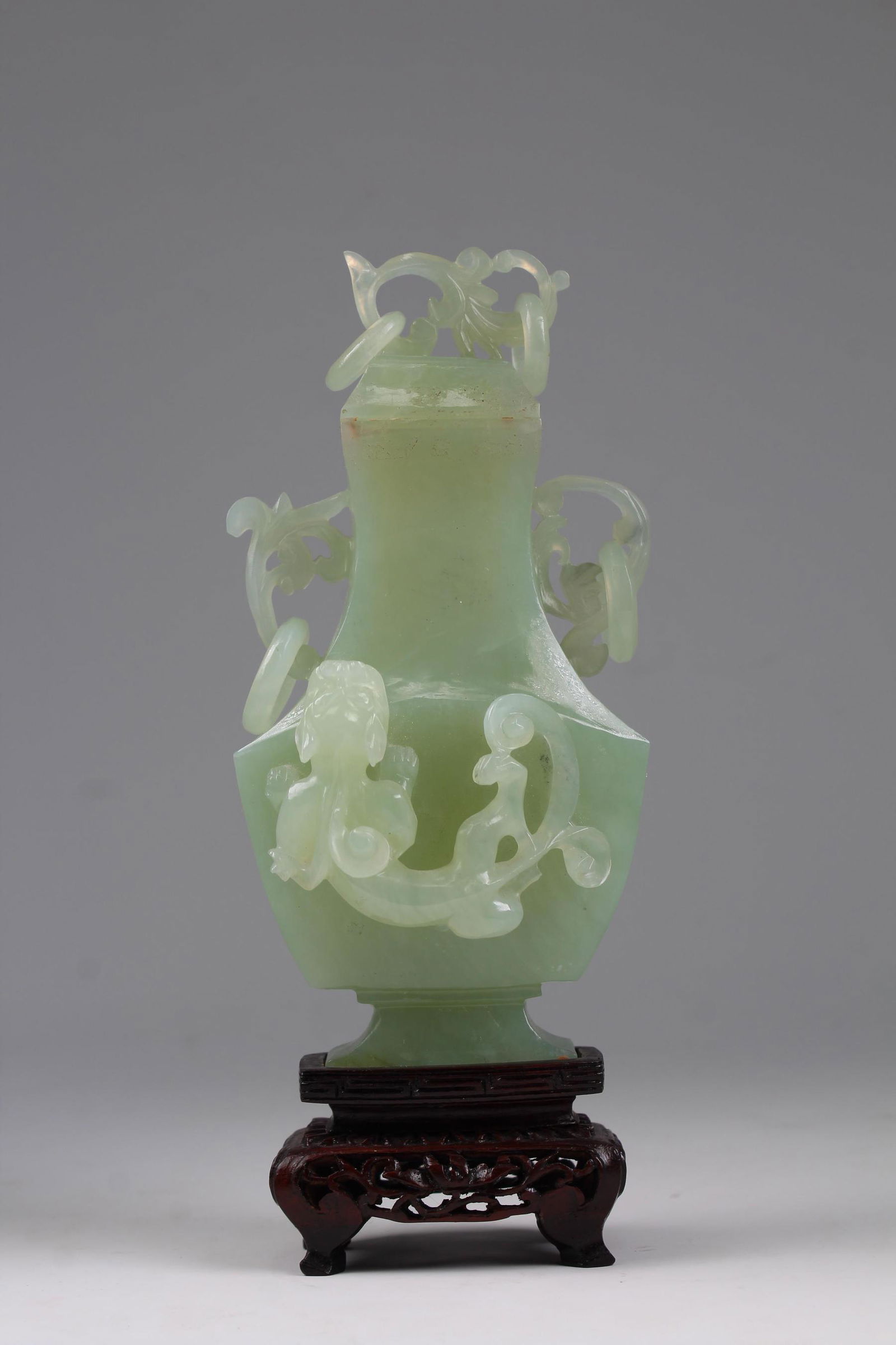 Chinese Carved Apple-Green Jade Vase on Stand (1 of 8)
