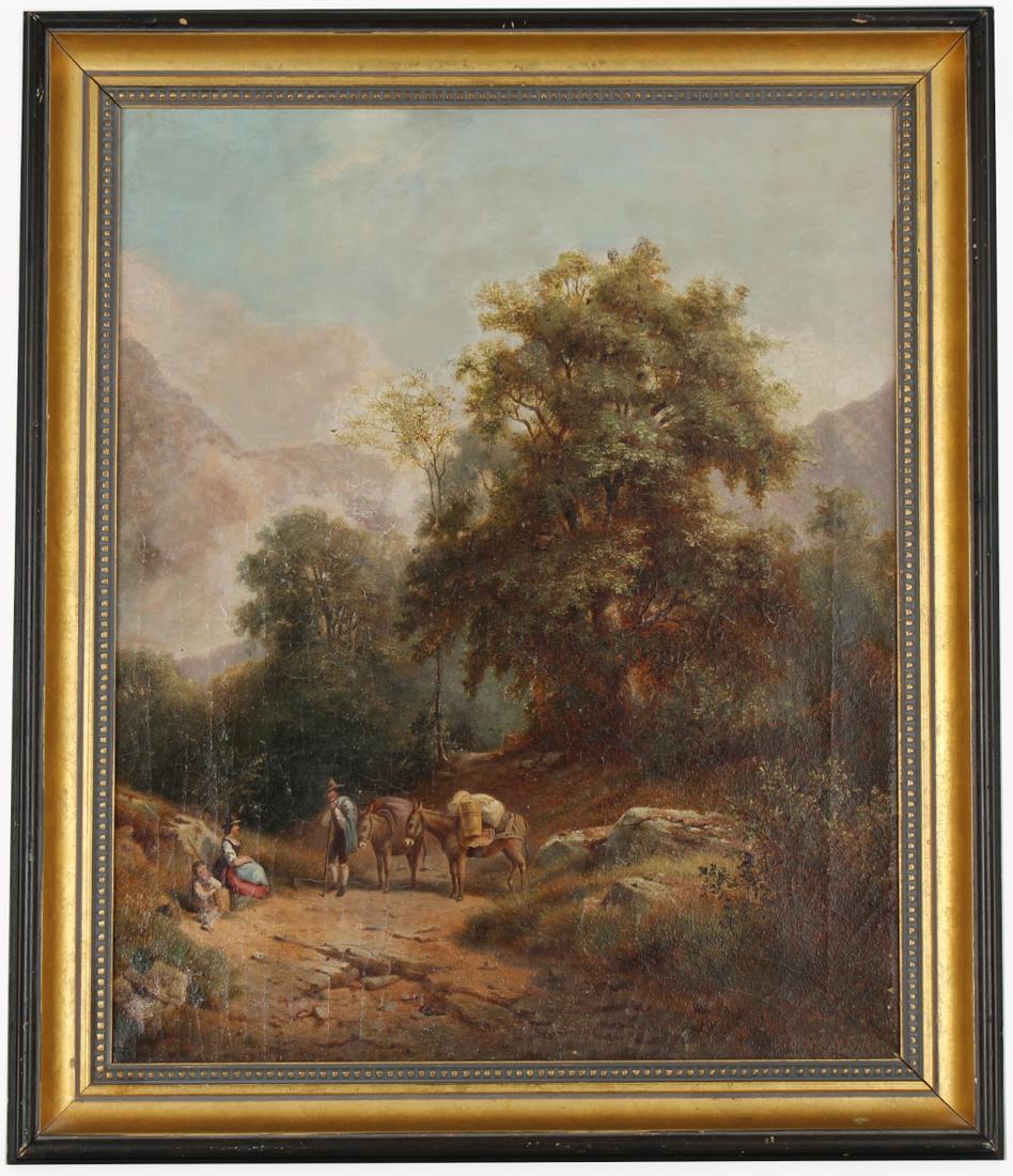 19th C. European School Painting of Travelers: 19th C. European School Painting of Travelers resting in a pathway. Appears to be unsigned, has not been examined out of frame. Oil on canvas. Sight Size: 23 x 19 in. 27 x 23 in.