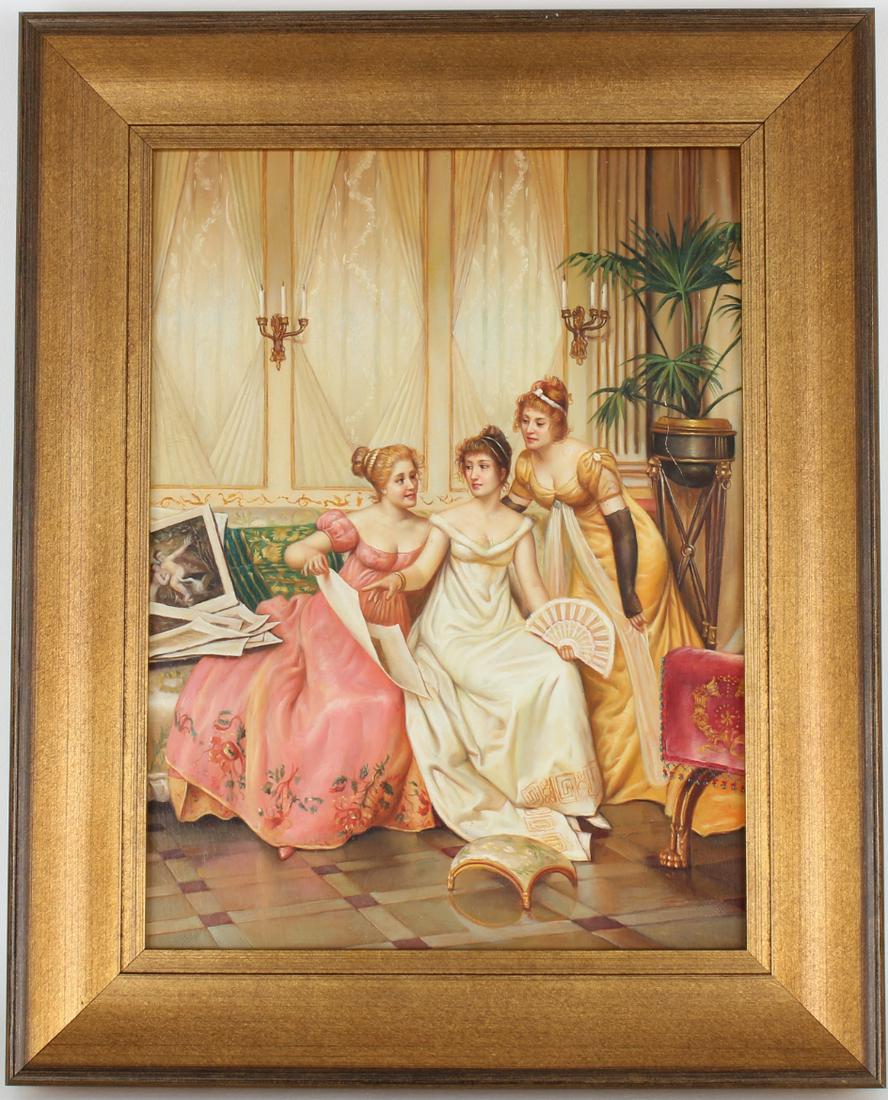 Continental School, Females in a Salon: Continental School Painting of Females in a Salon. Oil on Board. Sight Size: 15 x 11 in. Overall Framed Size: 20.5 x 16.5 in.