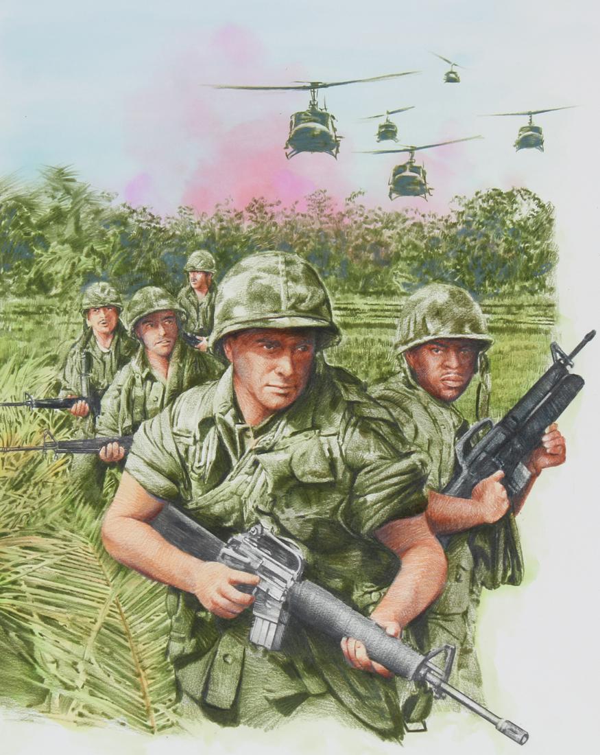 Paul & Chris Calle "1960s - The Vietnam War": Paul Calle (1928 - 2010) and Chris Calle (B. 1961) "1960s - The Vietnam War" Signed lower right. Original Mixed Media painting on Illustration Board. Provenance: Collection of James A. Helzer (1946-20