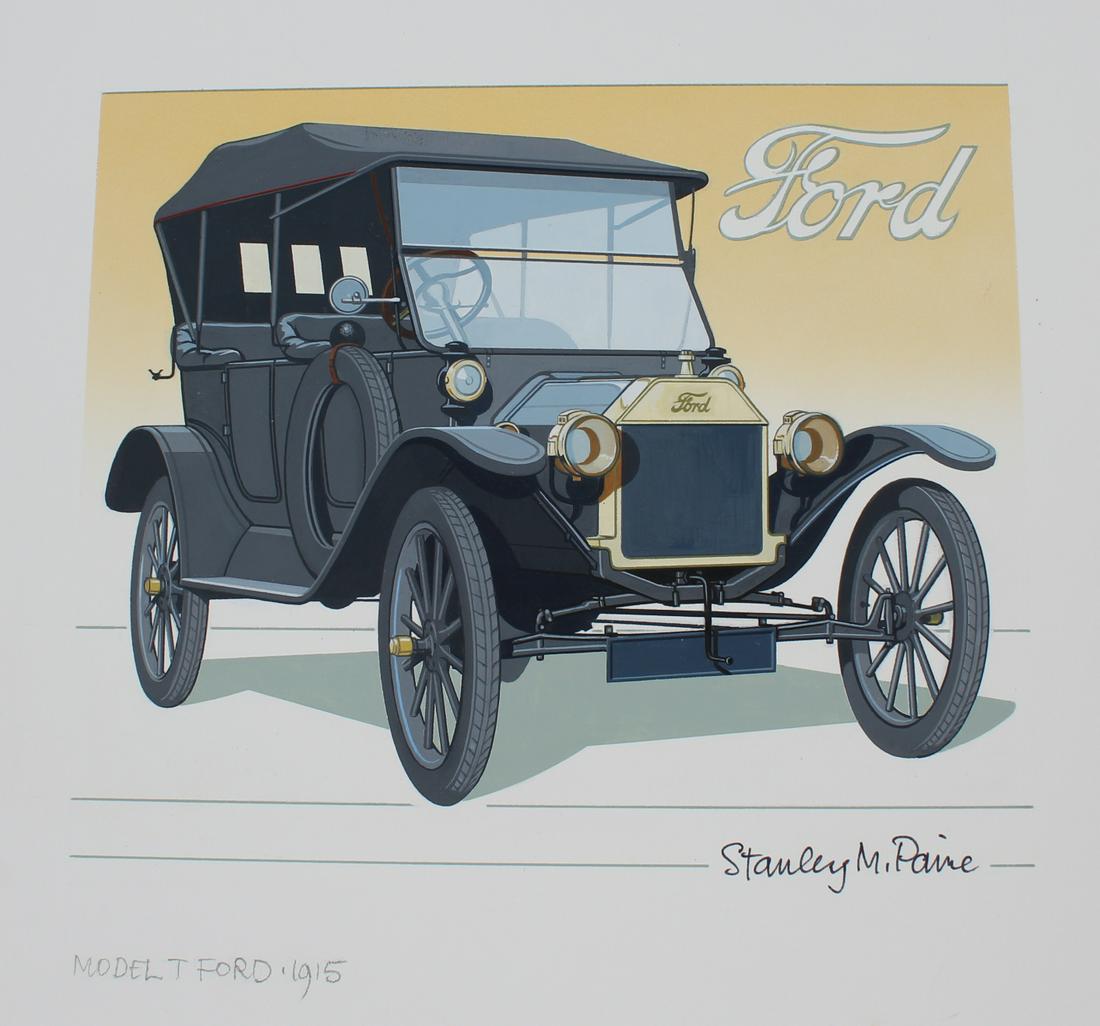 Stanley Paine (B. 1934) "Model T Ford": Stanley Paine (British, B. 1934) "Model T Ford" Signed lower right. Original Oil painting on Illustration Board. Provenance: Collection of James A. Helzer (1946-2008), Founder of Unicover Corporation.