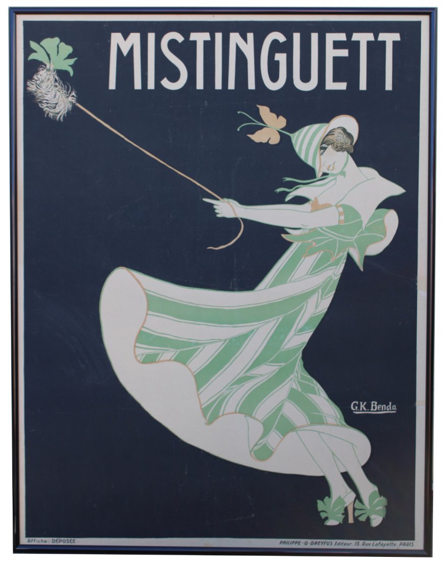 Mistinguett by Georges K. Benda Poster: ARTIST: G. K. BENDA (Georges Klugelmann) PRINTER: Philippe G. Dreyfus, Paris DESCRIPTION: My, is it windy out there! G.K. Benda may well have taken a page from L. Frank Baum's The Wizard of Oz, as he 