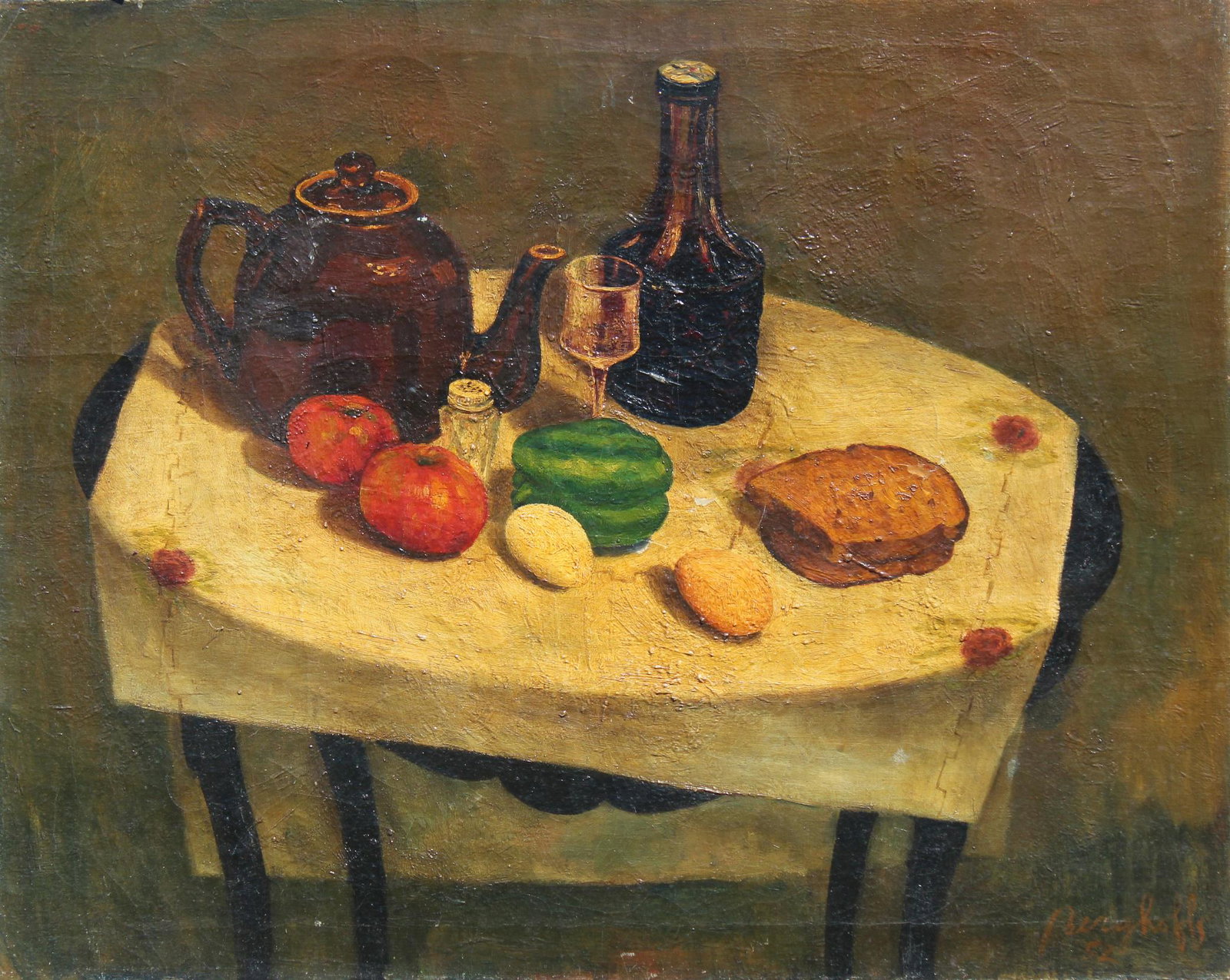 Signed, 1952 Still Life Painting with Vegetables: Signed, 1952 Still Life Painting with Vegetables and Other Articles on a Table Setting. Oil on canvas. Signed indistinctly and dated '52 lower right. Size: 25.5 x 32.5 in. Unframed.