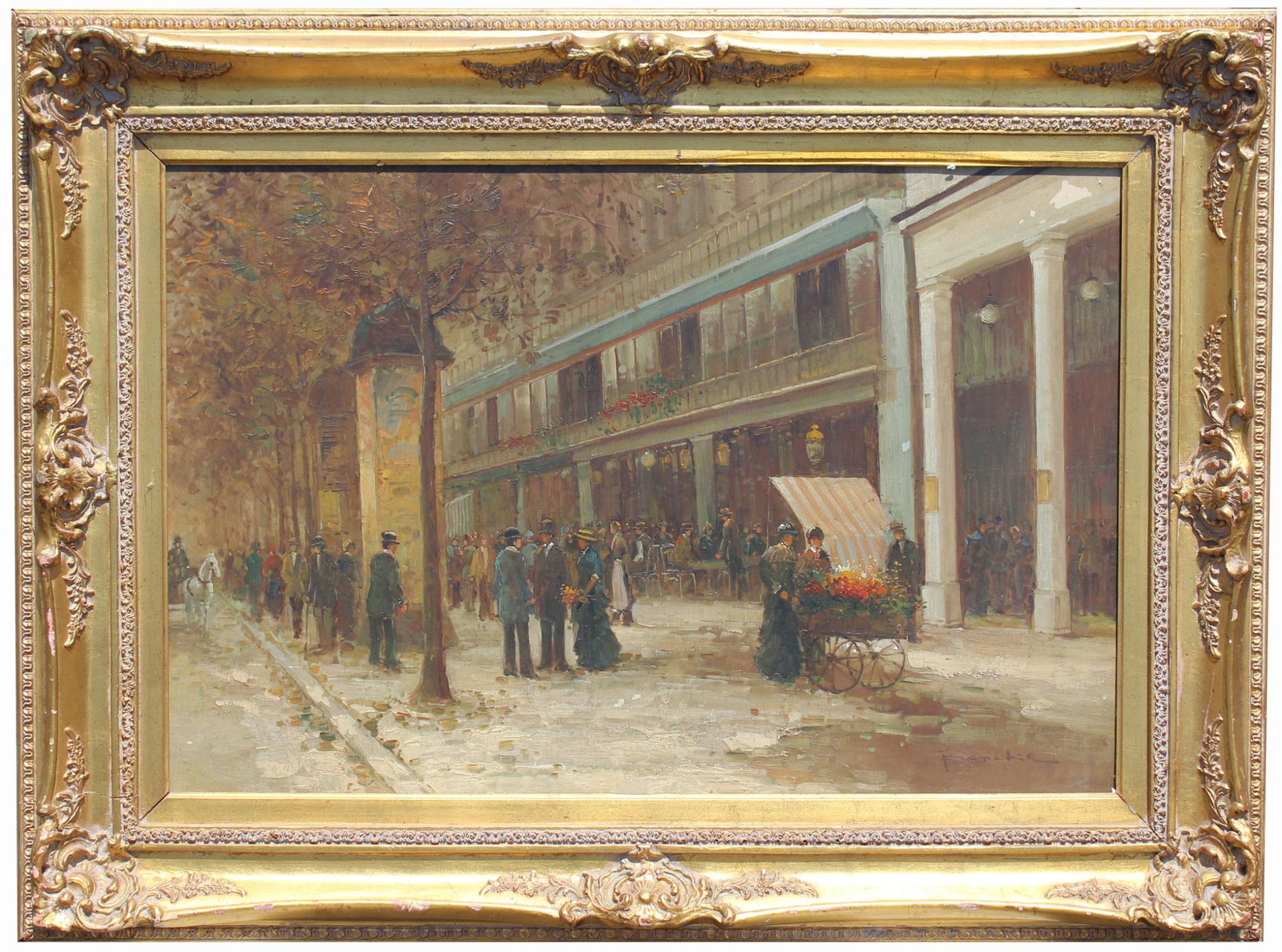 T E Pencke (France, born 1929) French Street Scene: T E Pencke (France, born 1929) French Street Scene with figures selling flowers near the foreground. Oil on canvas. Signed lower right. Housed in a gilt frame. Sight Size: 23 x 35.2 in. Overall Framed
