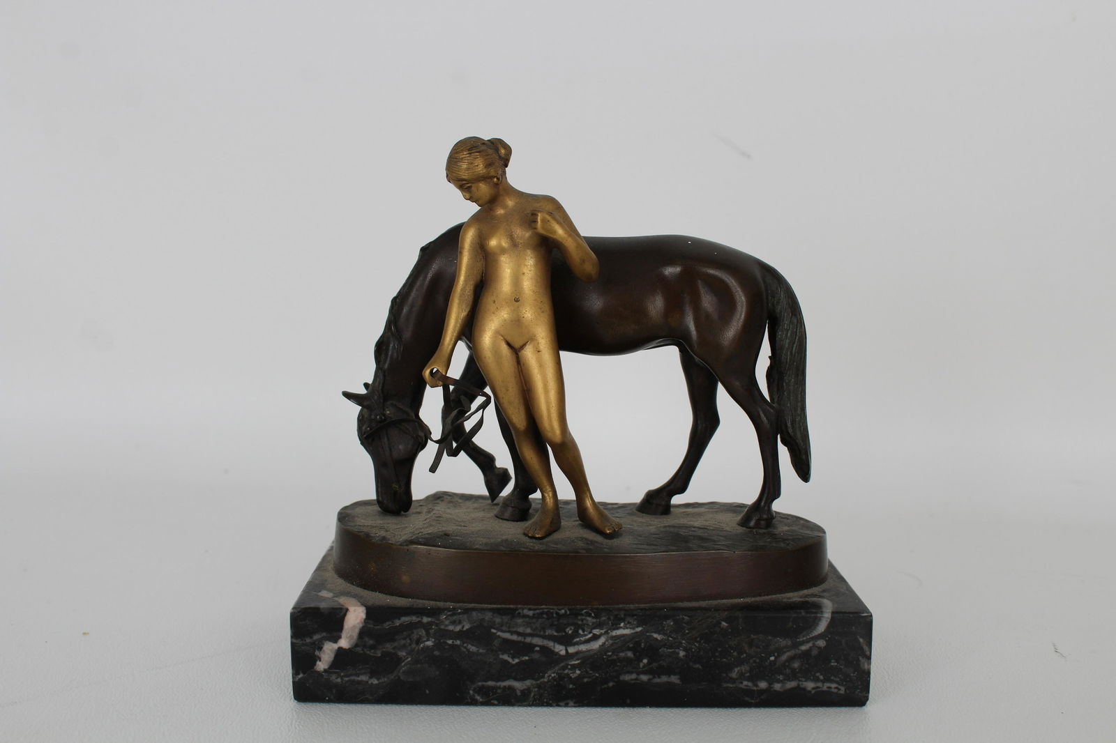 Gotthilf Jaeger (1871 - 1933) Nude Woman w/ Horse: Gotthilf Jaeger (1871 - 1933) Gilt Bronze Nude Woman with Horse. Inscribed/signed near lower portion. Foundry mark near base. Total Height: 5.25 in.