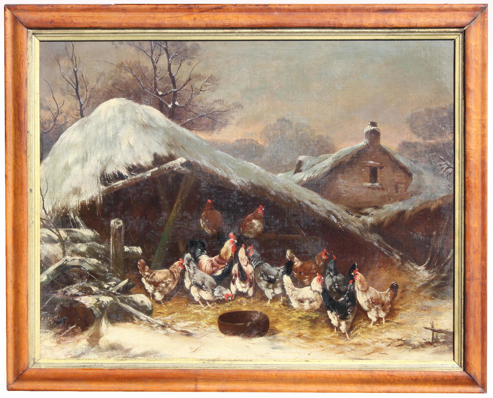 19th C. European School Painting of Chickens: 19th C. European School Painting of Chickens. Oil on canvas. Appears to be unsigned. Sight Size: 21 x 26 in. Overall Framed Size: 24 x 30 in.