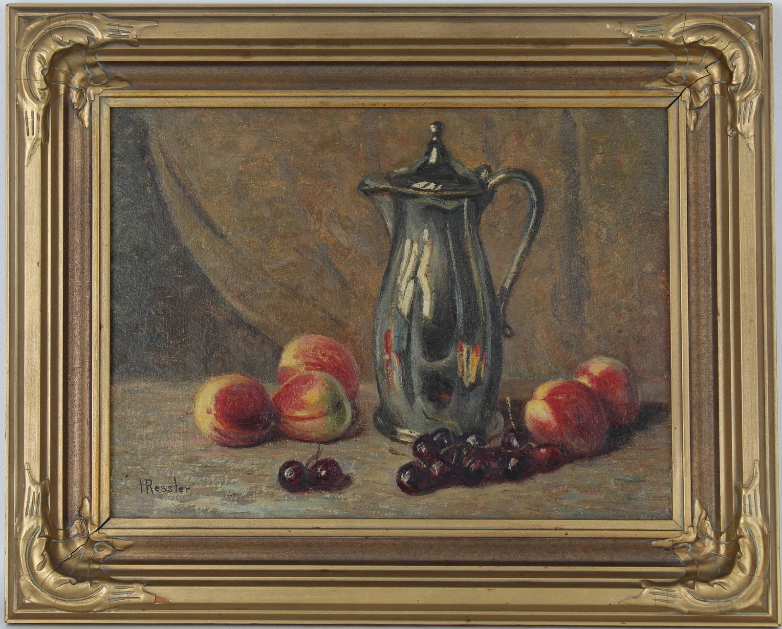 Isidore Ressler (American, 1862 - 1939): Isidore Ressler (American, 1862 - 1939) Sill life with fruits and silver coffee pot. Signed lower left. Oil on Canvas, Relined. Sight Size: 12 x 16 in. Overall Framed Size: 17.5 x 22 in.