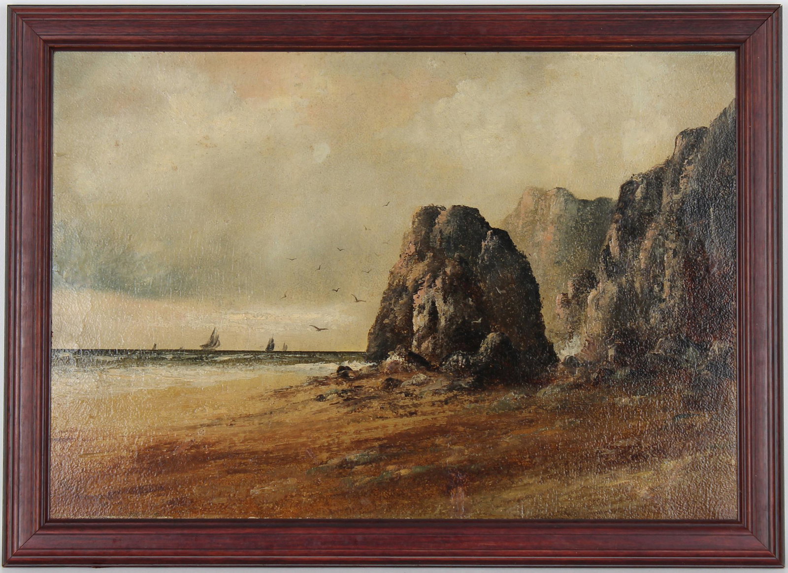 Signed, Antique Coastal Scene Painting: Signed, Antique Coastal Scene Painting. Oil on board. Signed indistinctly lower left. Depicting a rocky coastal scene with gulls in flight, sailing vessels in the distance. Sight Size: 17 x 25 in. Ove