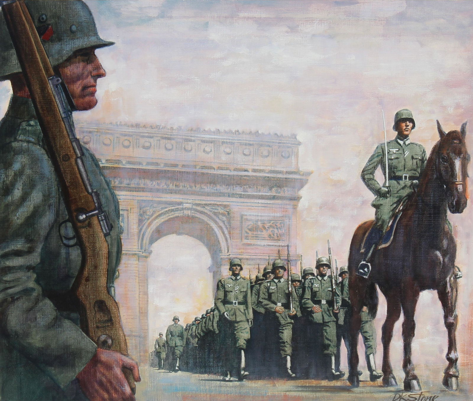 David Stone (1922-2001) Germans Occupy Paris, Oil: David K. Stone (American, 1922 - 2001) "Germans Occupy Paris" Original Oil painting on Masonite. Signed lower right. Provenance: Collection of James A. Helzer (1946-2008), Founder of Unicover Corporat