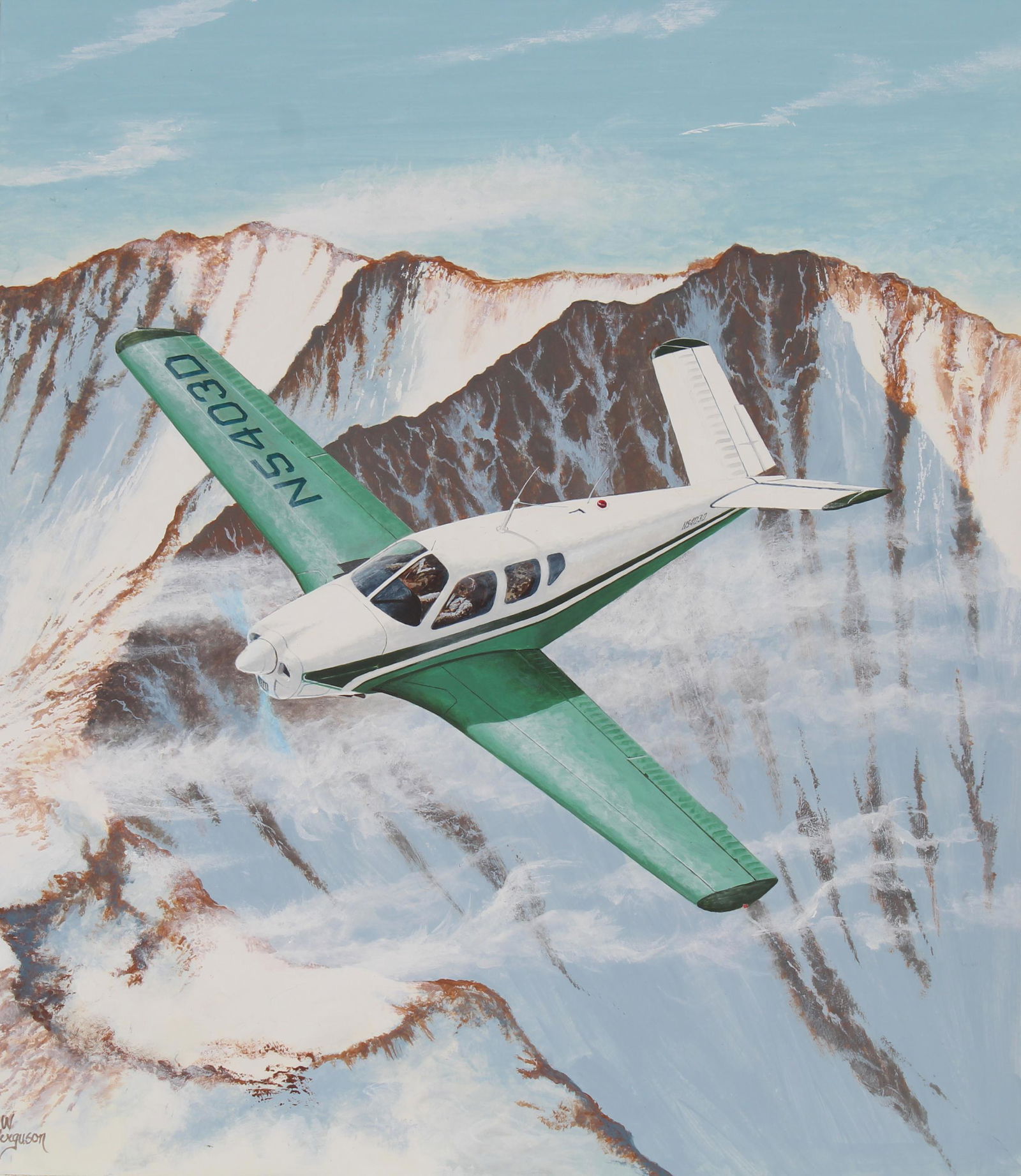 Steve Ferguson (B. 1946) "1946 Beechcraft Bonanza": Steve Ferguson (American, B. 1946) "1946 Beechcraft Bonanza" Signed lower left. Original Watercolor painting on Cold Press Illustration Board. Provenance: Collection of James A. Helzer (1946-2008), Fo