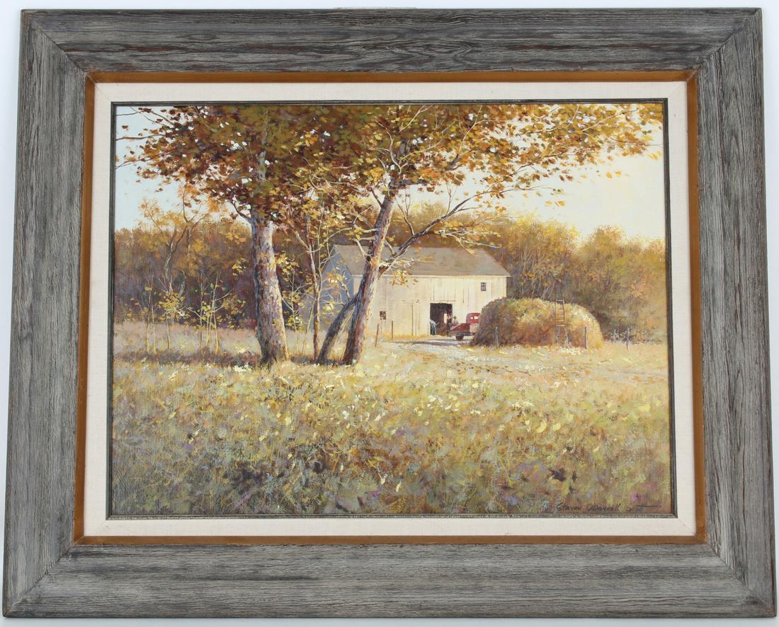 Steven Scott (CA, KS, MO, Born 1938): Steven O'Donnell Scott (California, Kansas, Missouri, Born 1938) Painting titled "Uncle Don's Barn" . Oil on canvas. Signed lower right. Sight Size: 18 x 24 in. Overall Framed Size: 26 x 32 in.
