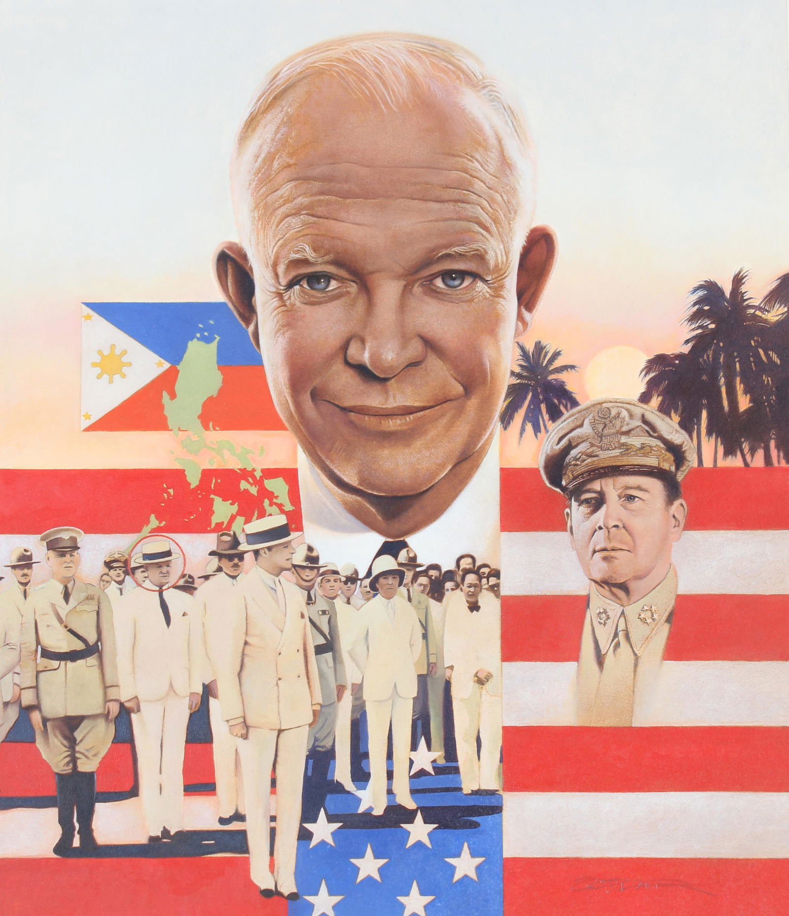 Gregory Rudd (B. 1952) "Eisenhower & McArthur": Gregory Rudd (American, B. 1952) "Eisenhower as an Aid to General McArthur" Signed lower right. Original Oil painting on Cold Press Illustration Board. Provenance: Collection of James A. Helzer (1946-